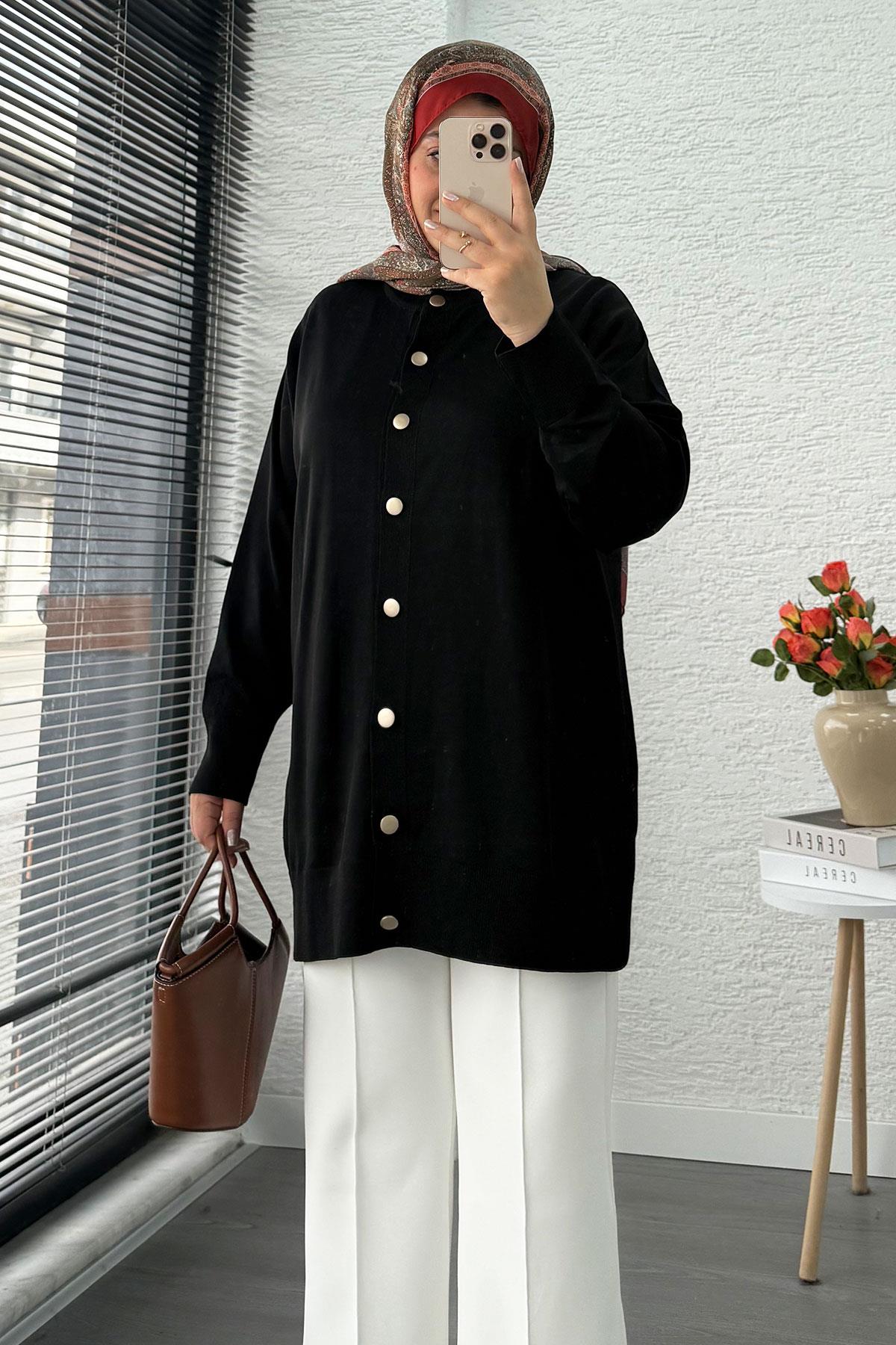 Önü Boydan Düğmeli Merserize Kadın Tunik – Siyah