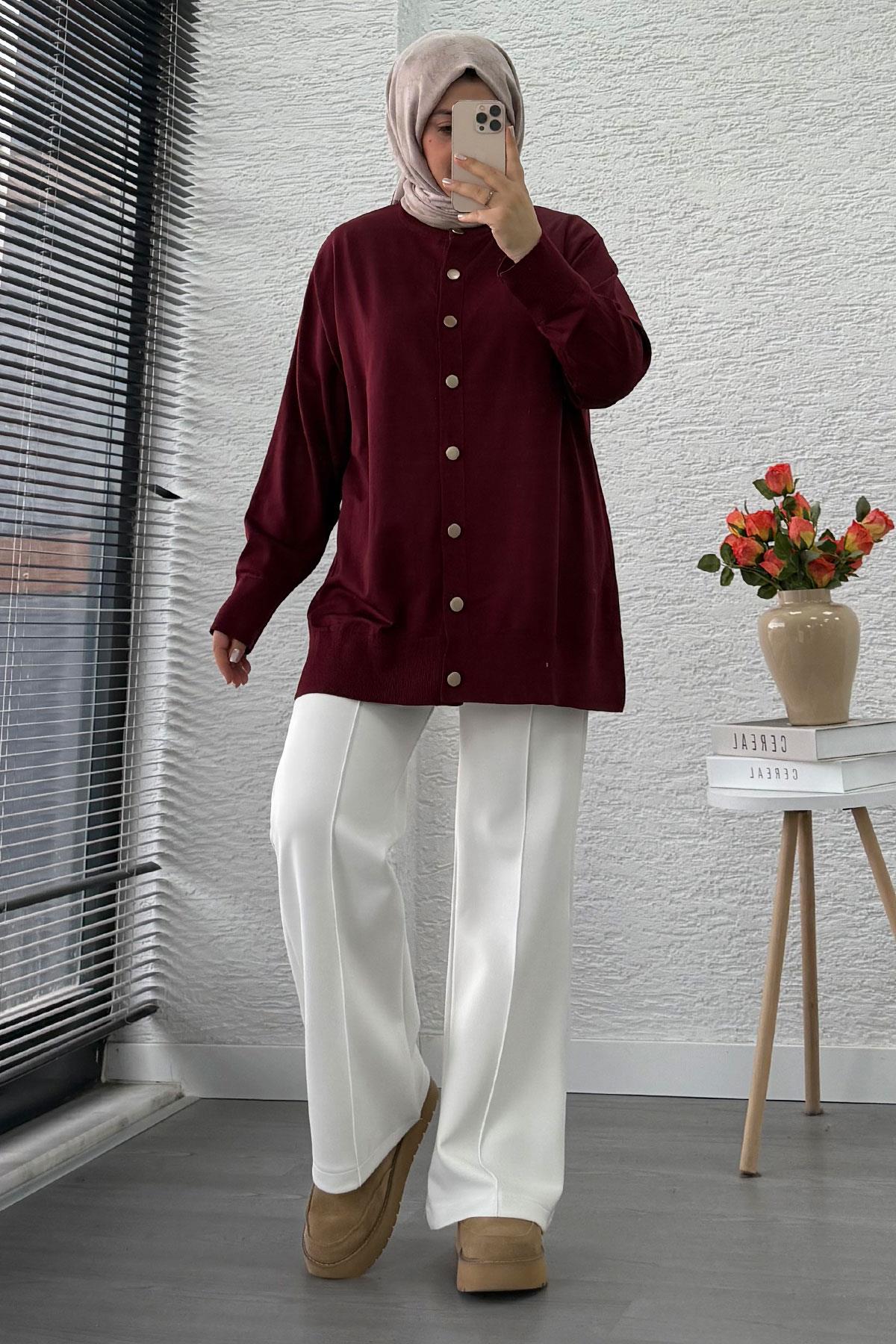 Önü Boydan Düğmeli Merserize Kadın Tunik – Bordo