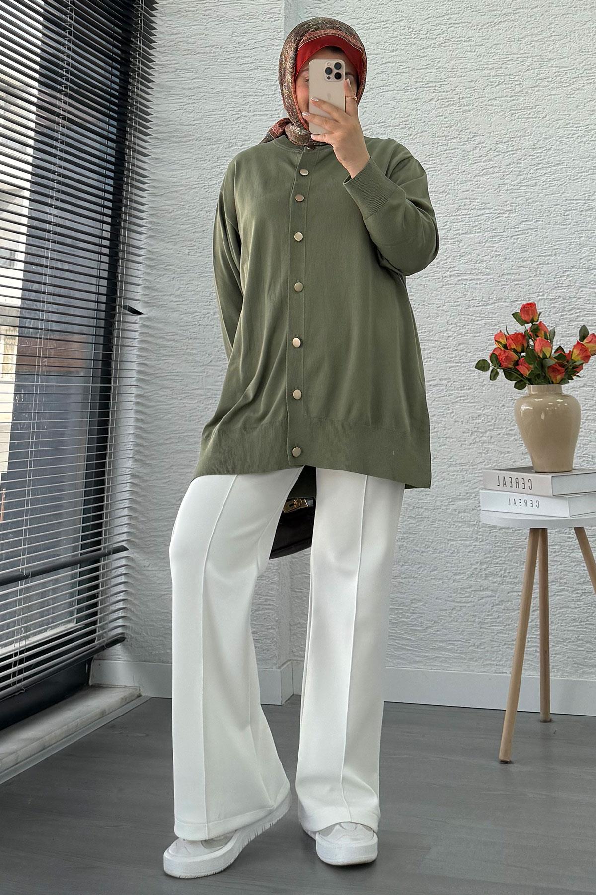 Önü Boydan Düğmeli Merserize Kadın Tunik – Haki