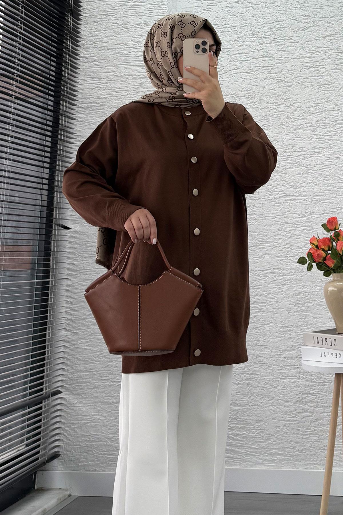 Önü Boydan Düğmeli Merserize Kadın Tunik – Kahverengi