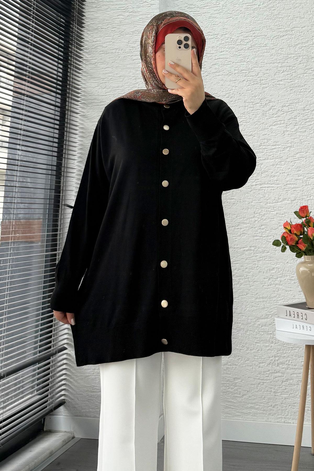 Önü Boydan Düğmeli Merserize Kadın Tunik – Siyah