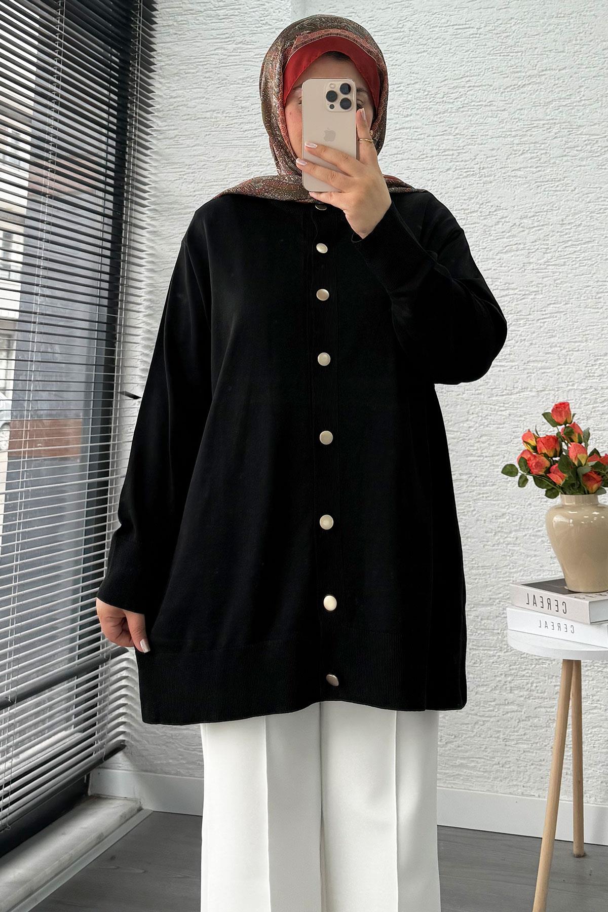 Önü Boydan Düğmeli Merserize Kadın Tunik – Siyah