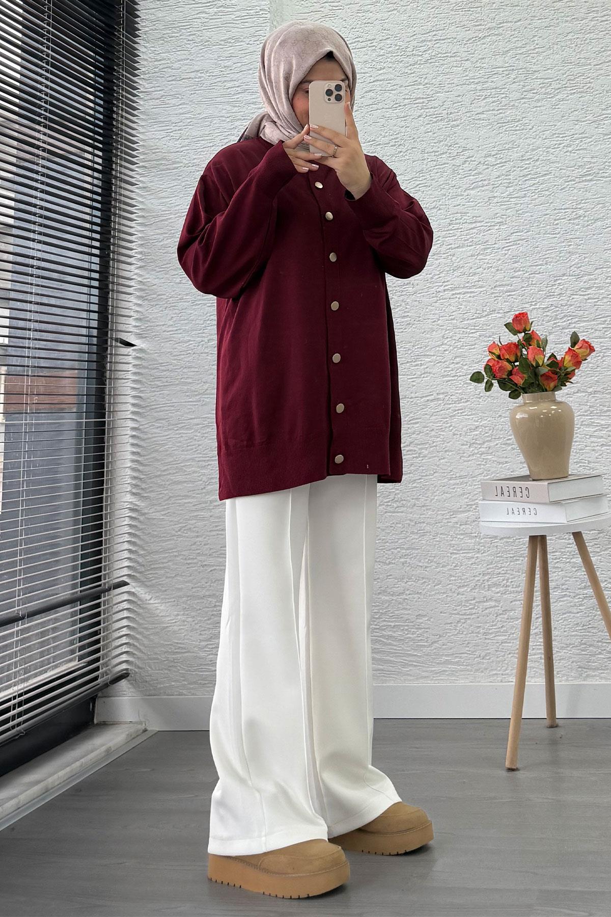 Önü Boydan Düğmeli Merserize Kadın Tunik – Bordo