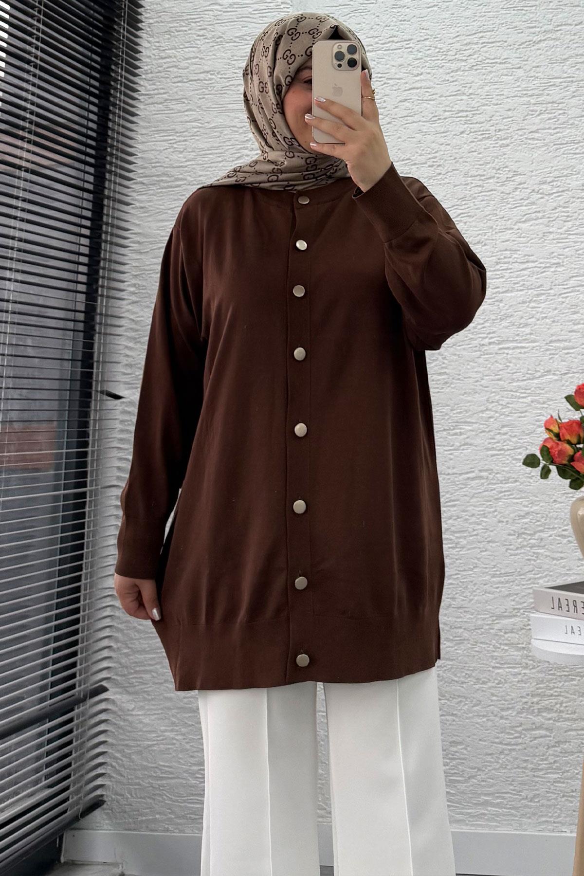 Önü Boydan Düğmeli Merserize Kadın Tunik – Kahverengi