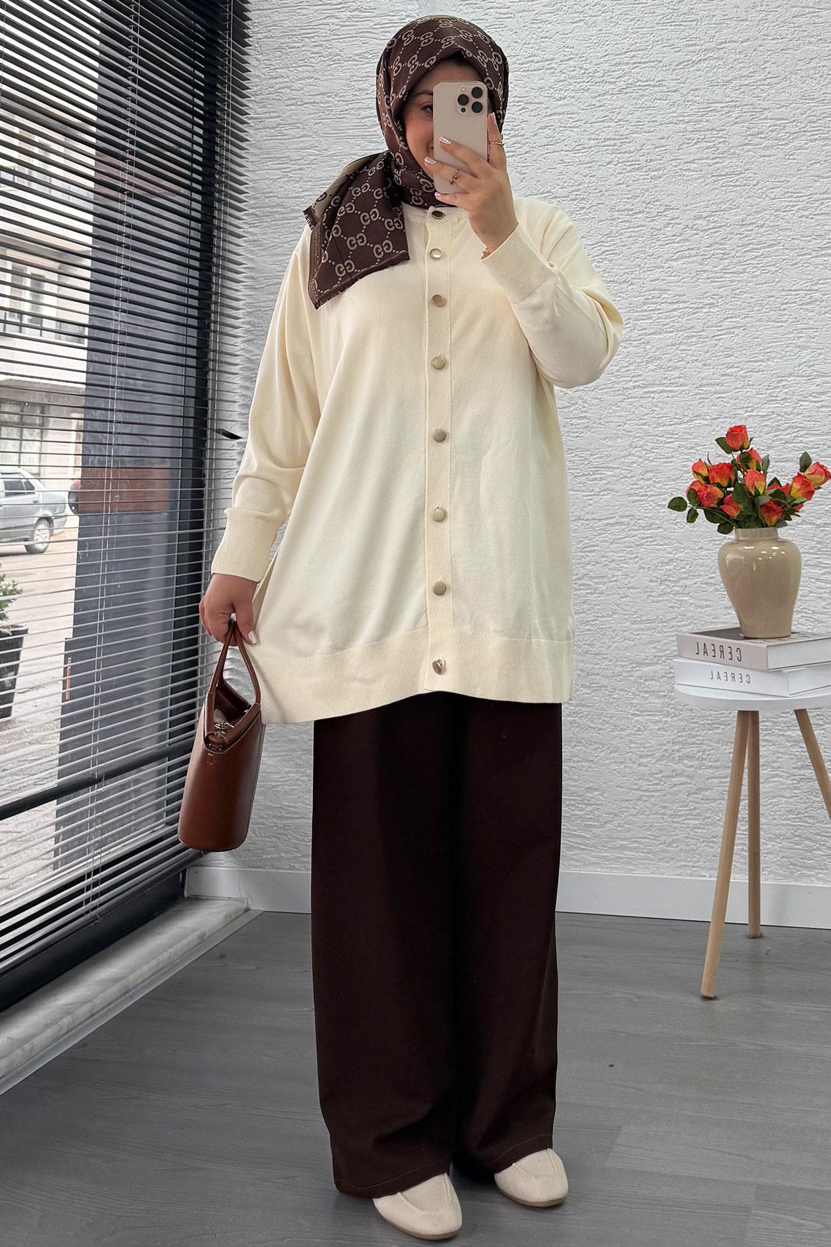 Önü Boydan Düğmeli Merserize Kadın Tunik – Ekru