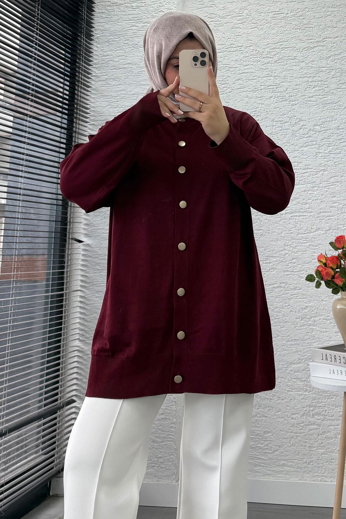 Önü Boydan Düğmeli Merserize Kadın Tunik – Bordo