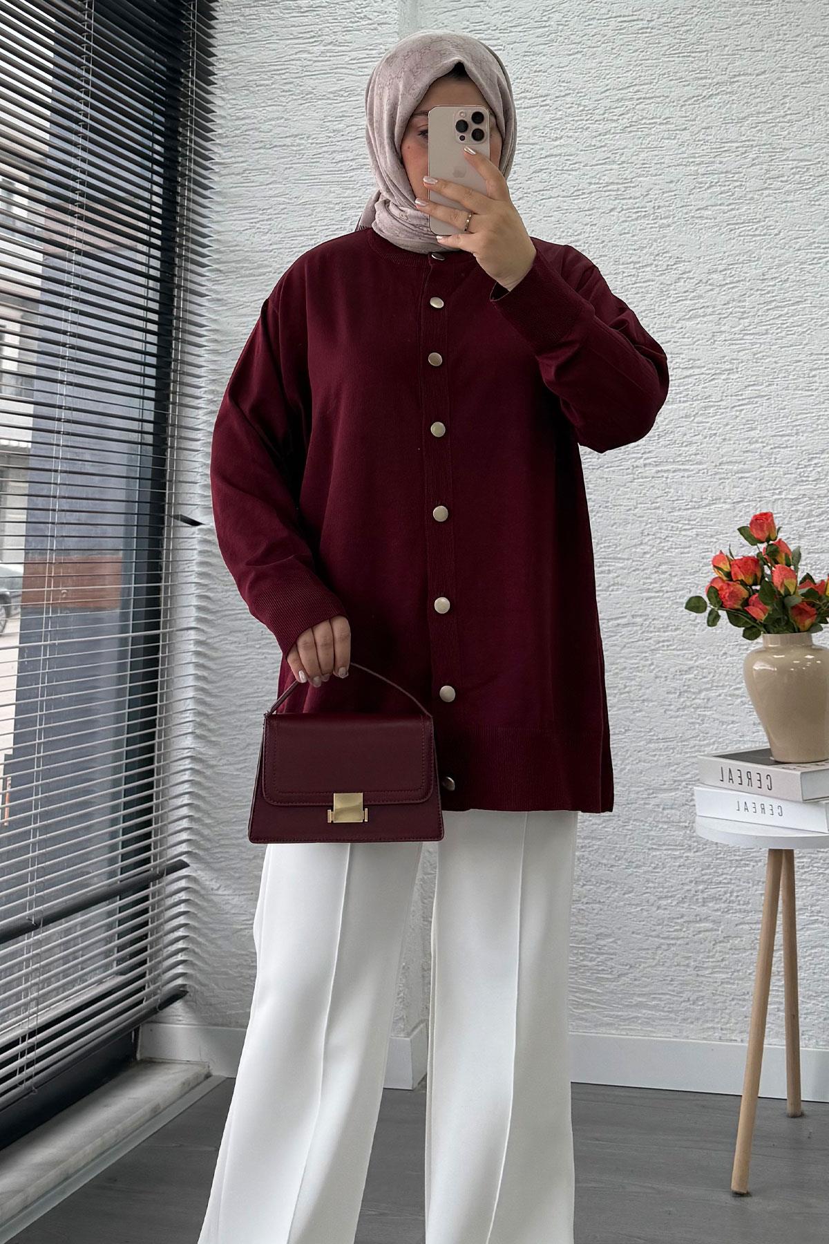 Önü Boydan Düğmeli Merserize Kadın Tunik – Bordo