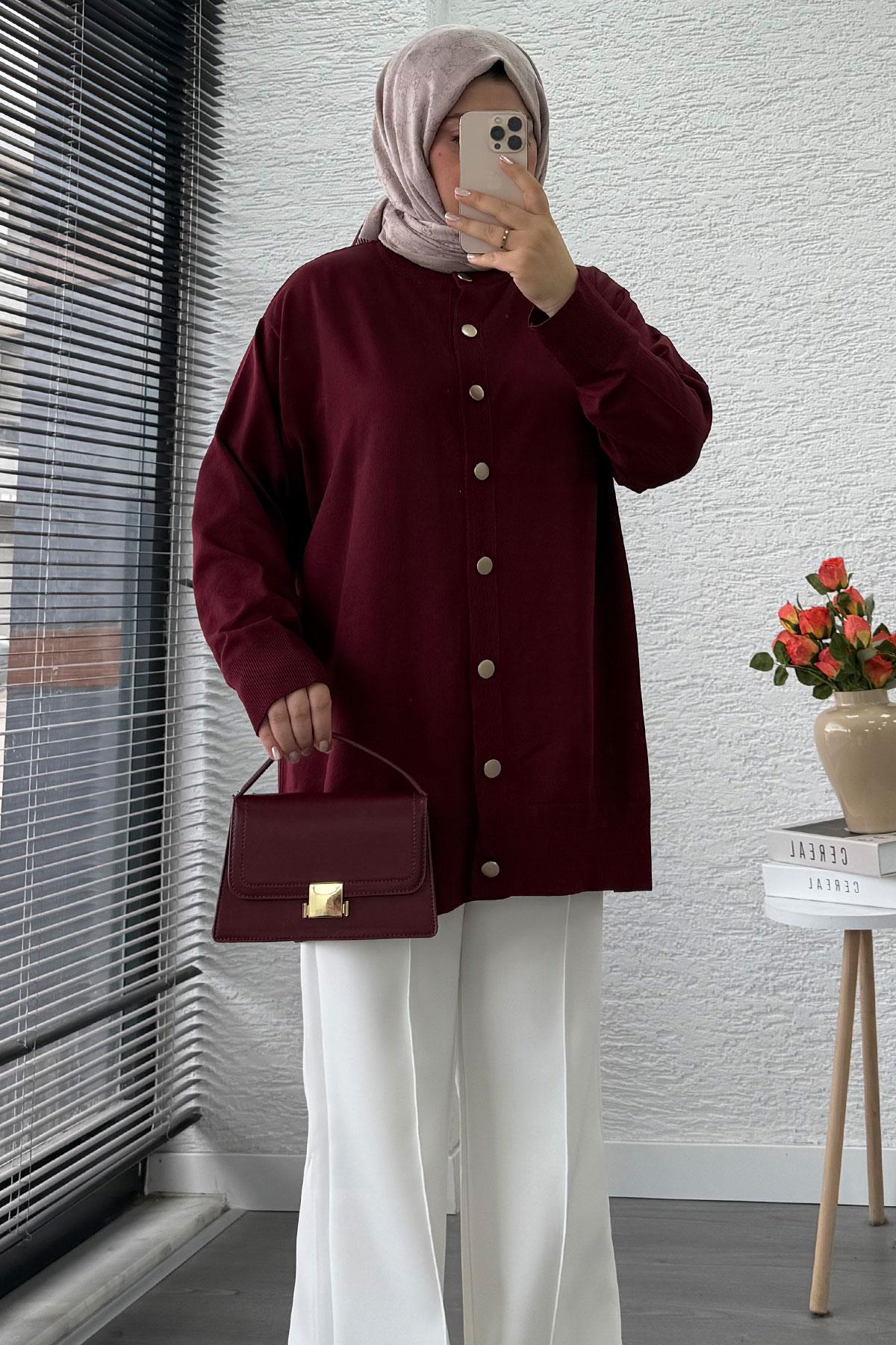 Önü Boydan Düğmeli Merserize Kadın Tunik – Bordo