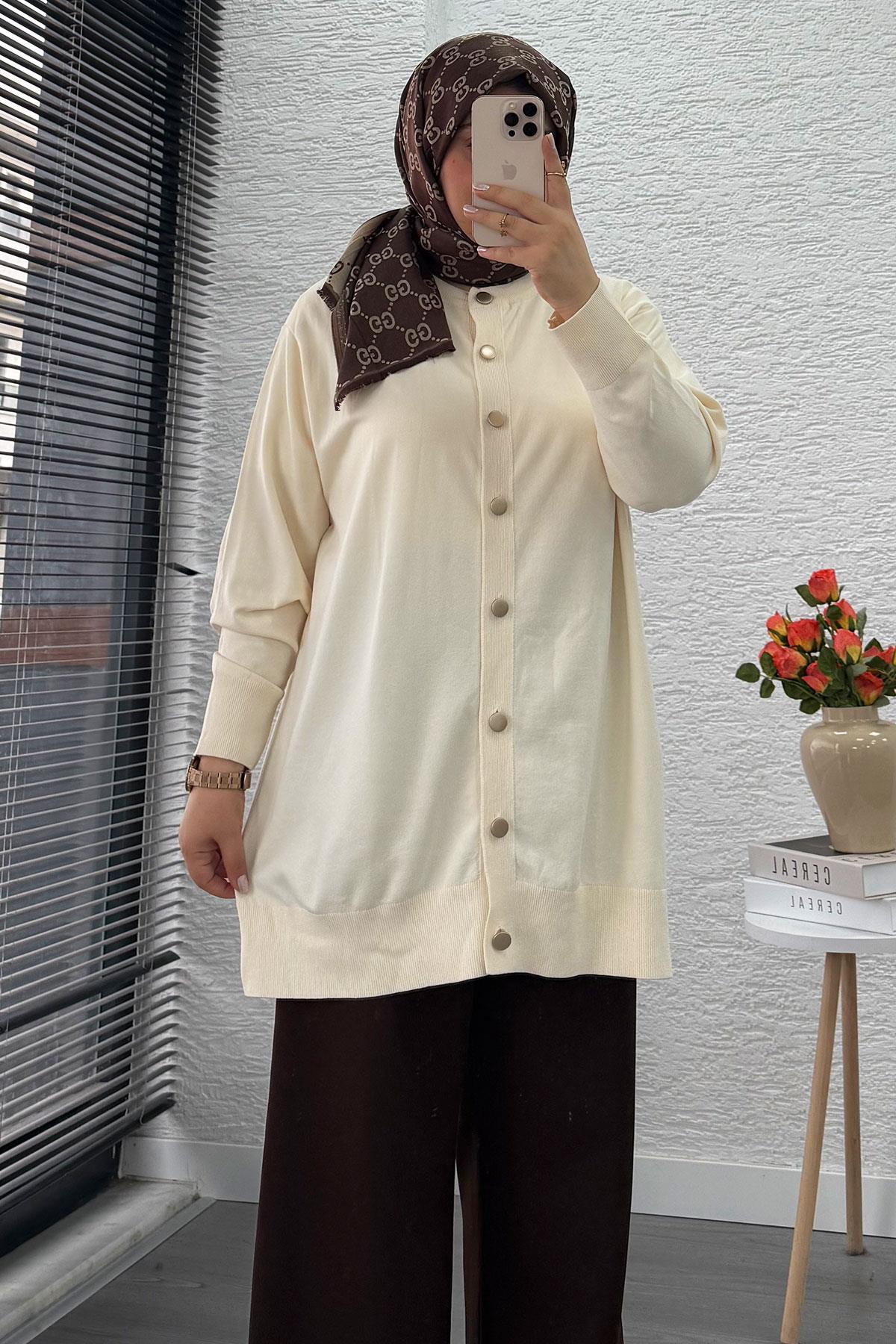 Önü Boydan Düğmeli Merserize Kadın Tunik – Ekru