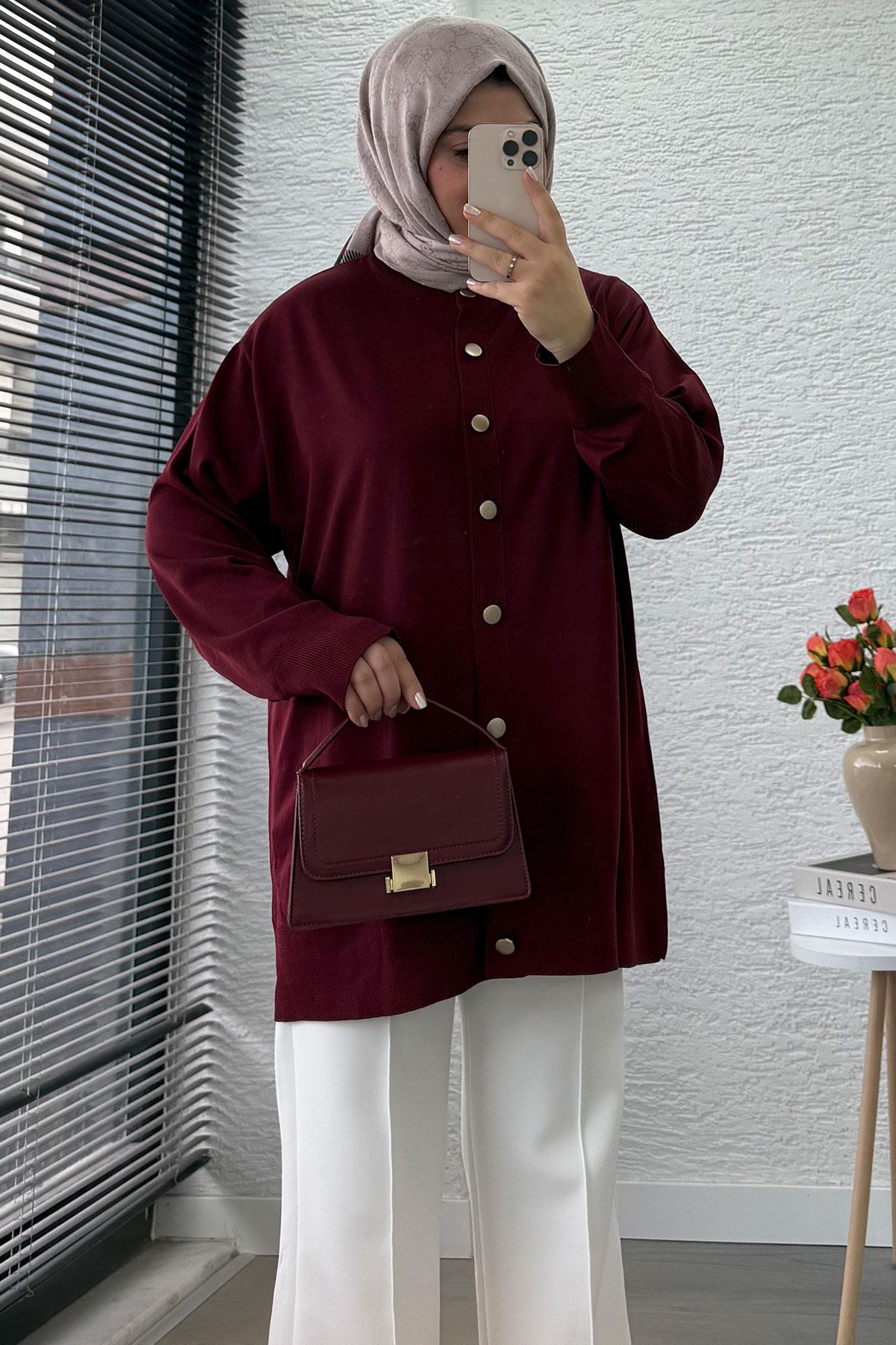 Önü Boydan Düğmeli Merserize Kadın Tunik – Bordo