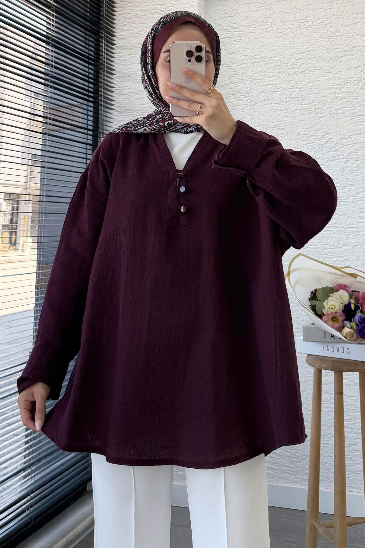 Önü Düğme Detaylı Müslin Tunik - Mürdüm