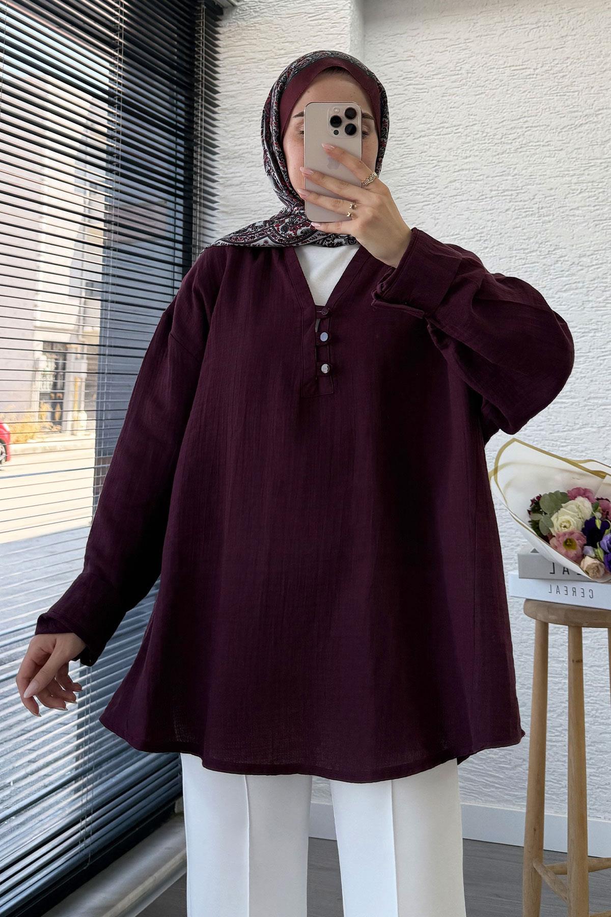 Önü Düğme Detaylı Müslin Tunik - Mürdüm
