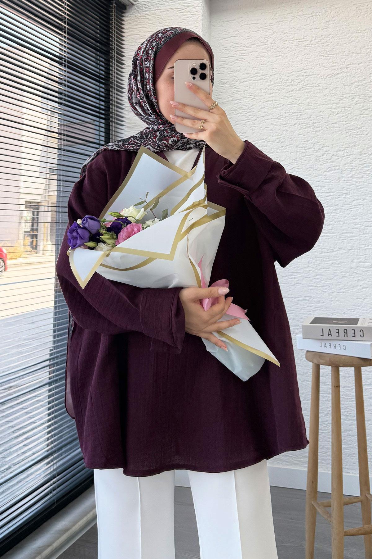 Önü Düğme Detaylı Müslin Tunik - Mürdüm