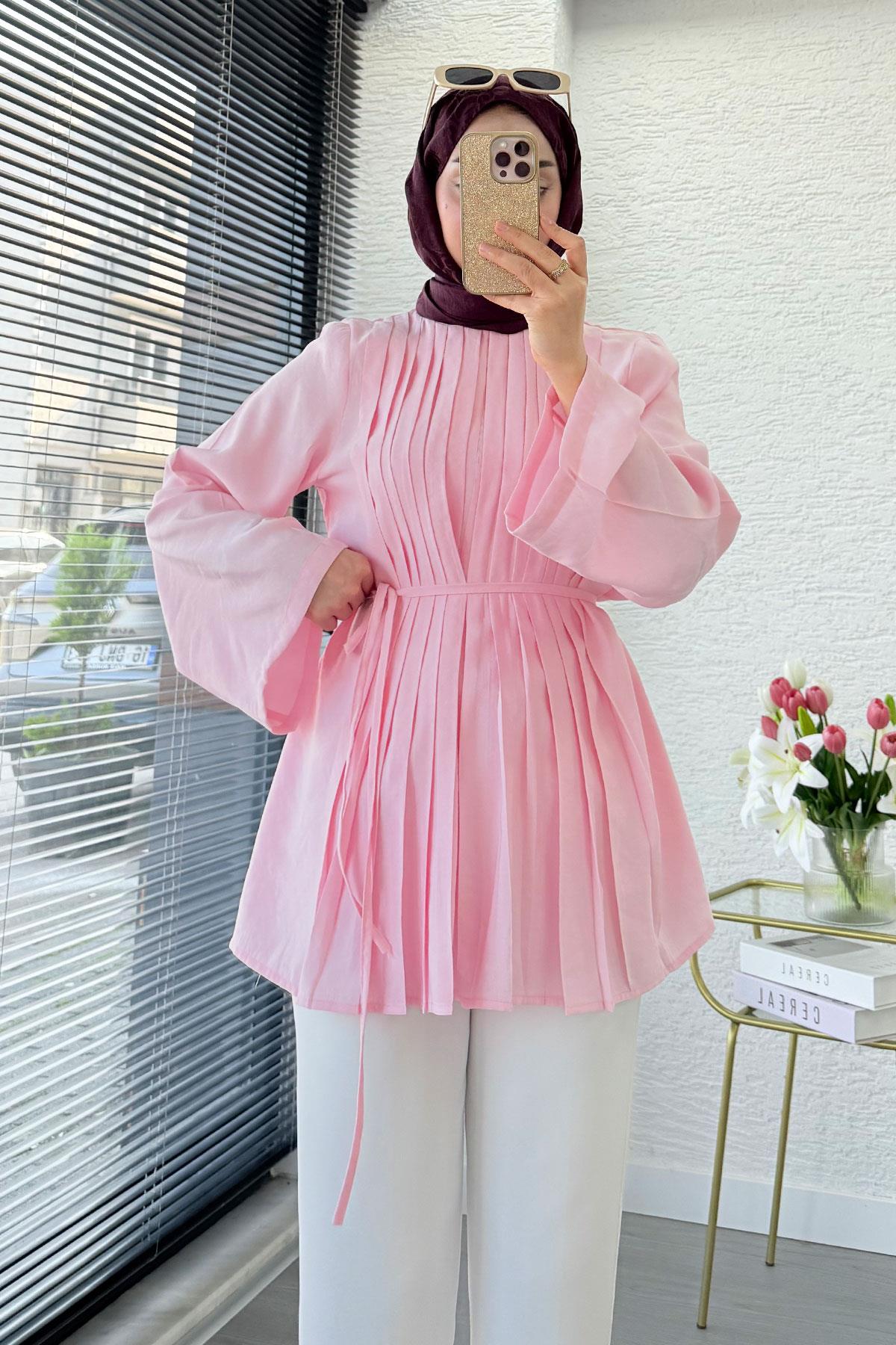 Önü Nervür Detaylı Volan Kol Tunik - Pembe