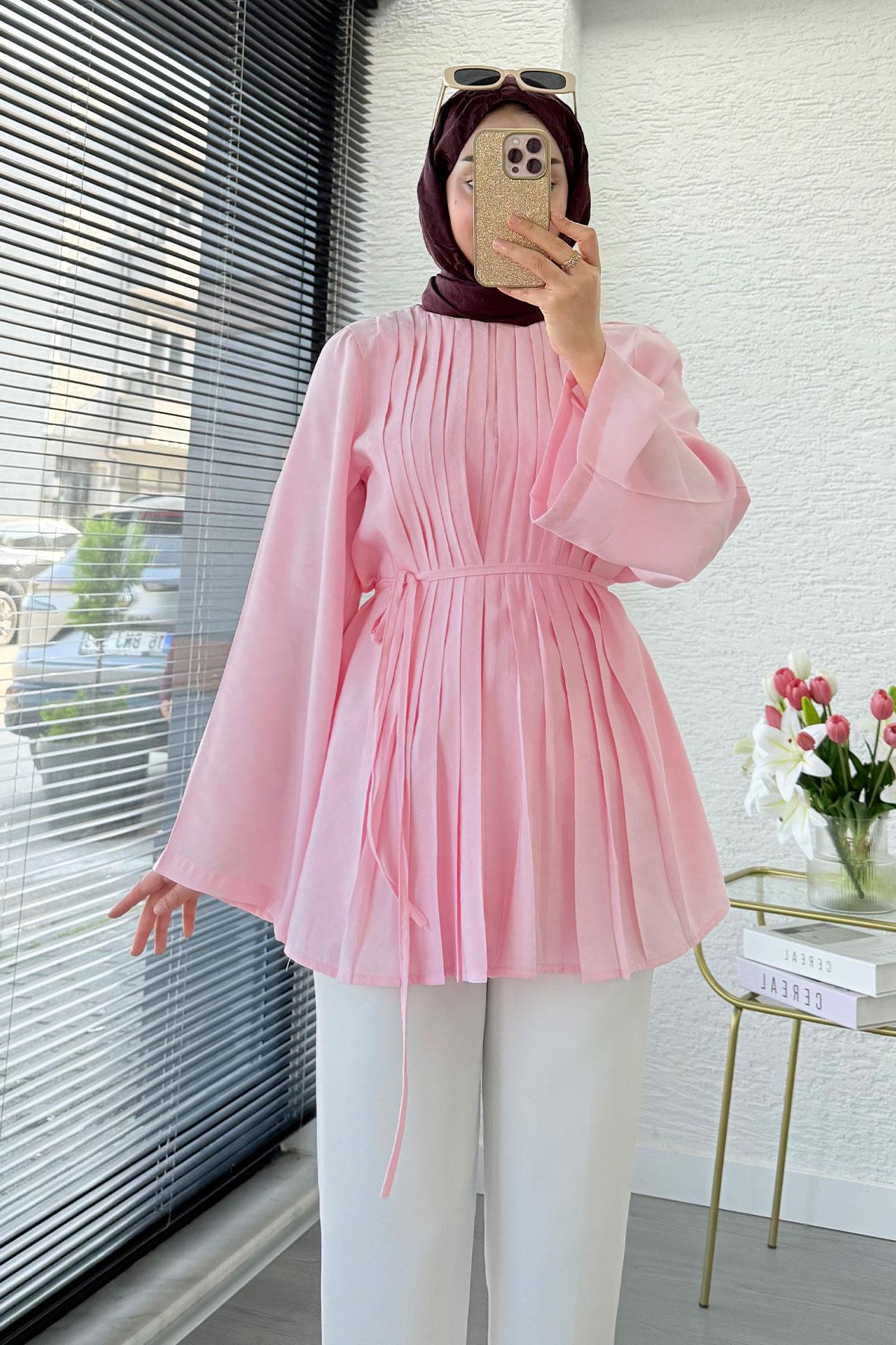 Önü Nervür Detaylı Volan Kol Tunik - Pembe
