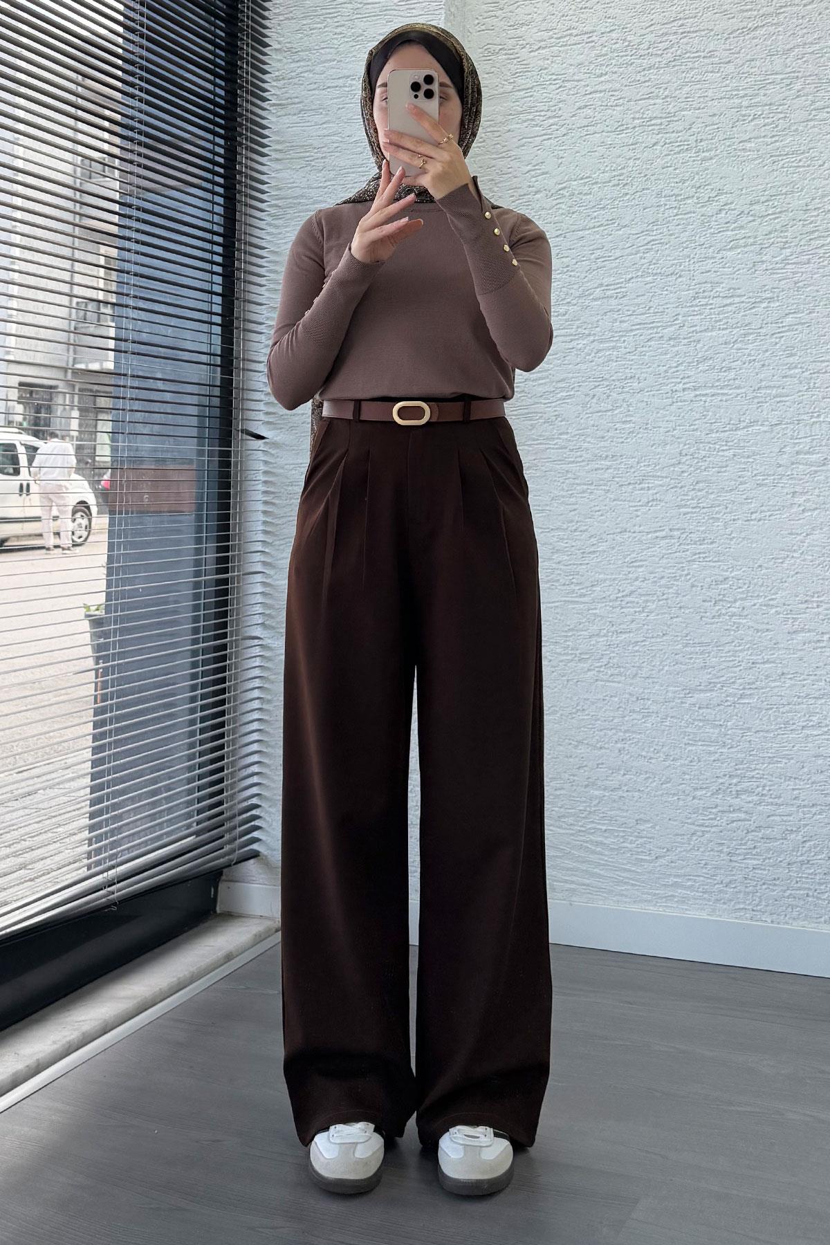 Önü Pile Detaylı Palazzo Kadın Pantolon - Kahverengi