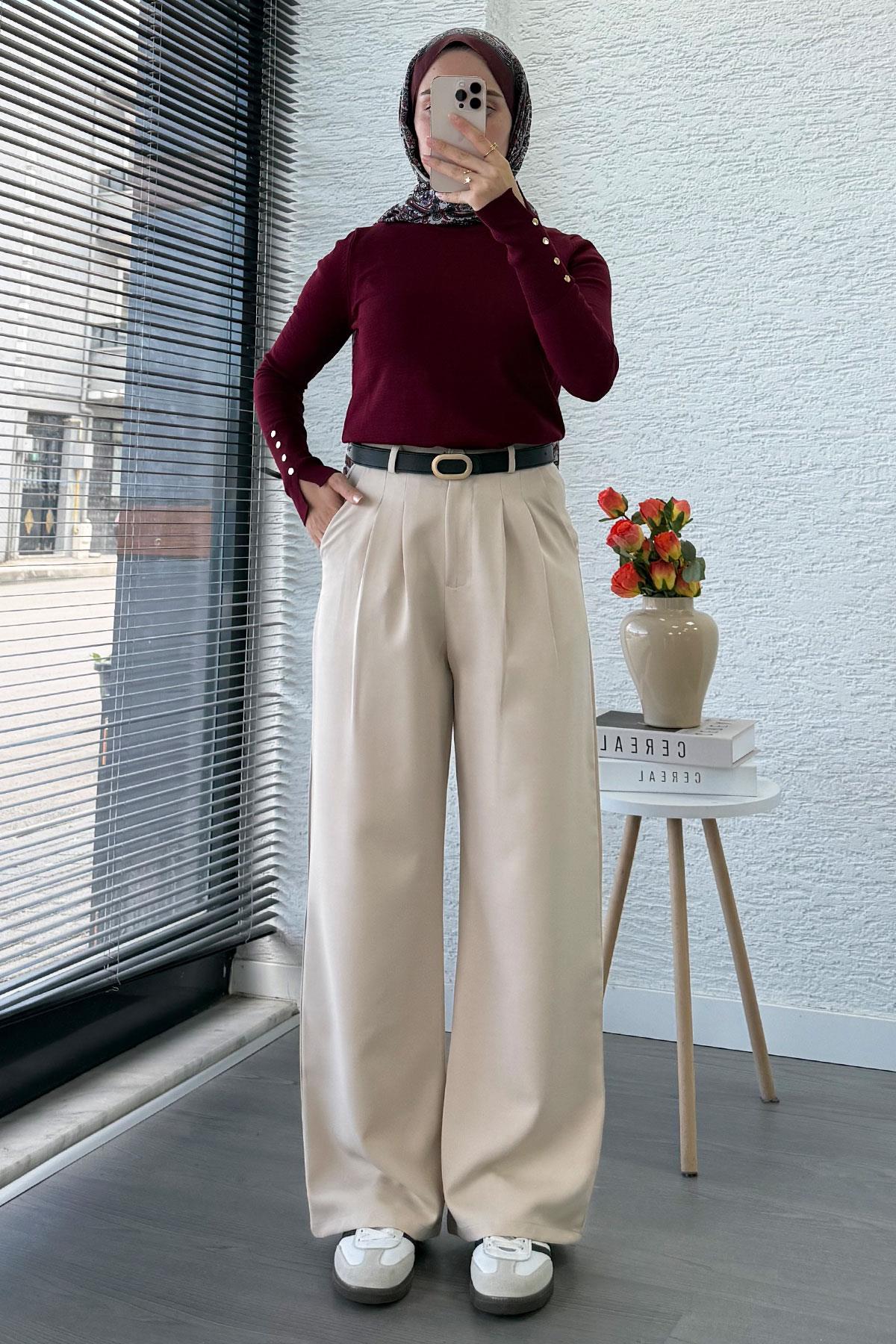 Önü Pile Detaylı Palazzo Kadın Pantolon - Krem