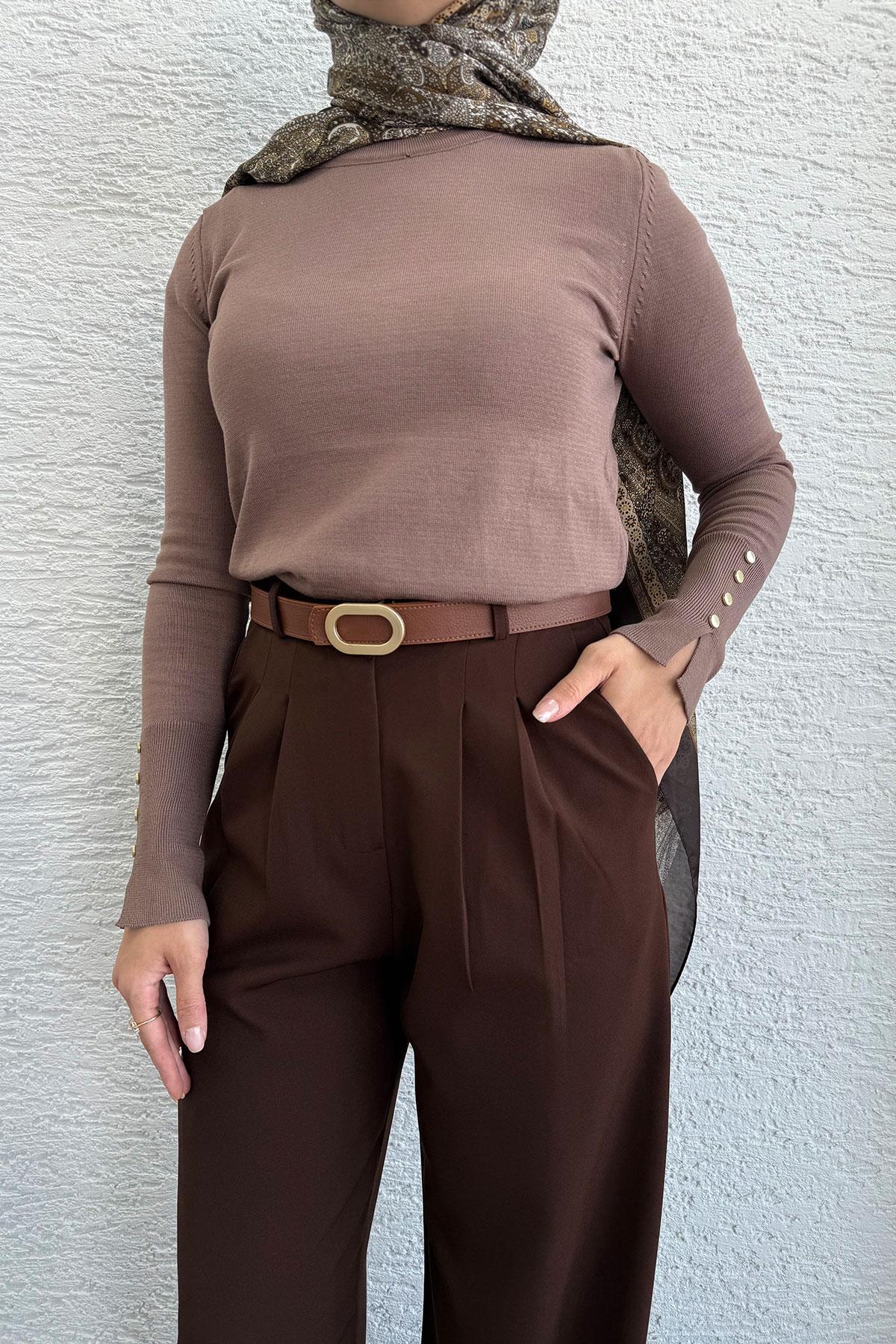Önü Pile Detaylı Palazzo Kadın Pantolon - Kahverengi
