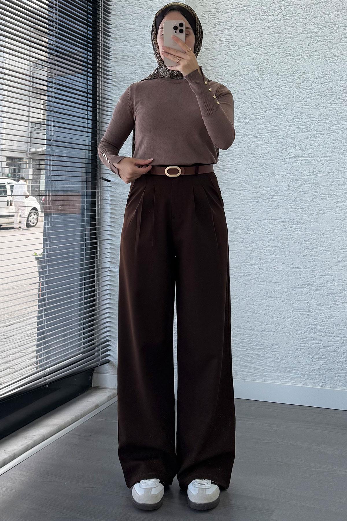 Önü Pile Detaylı Palazzo Kadın Pantolon - Kahverengi