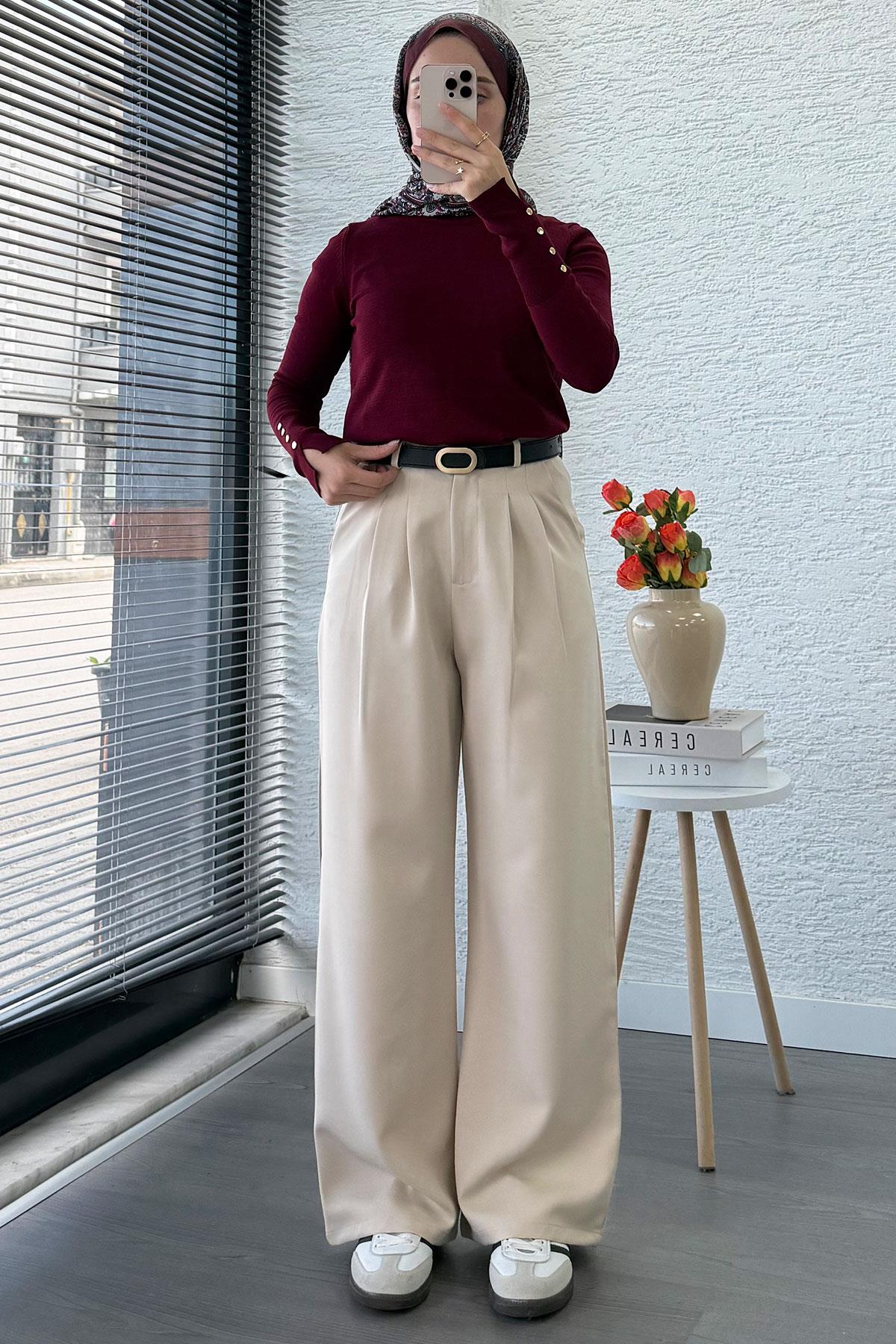 Önü Pile Detaylı Palazzo Kadın Pantolon - Krem