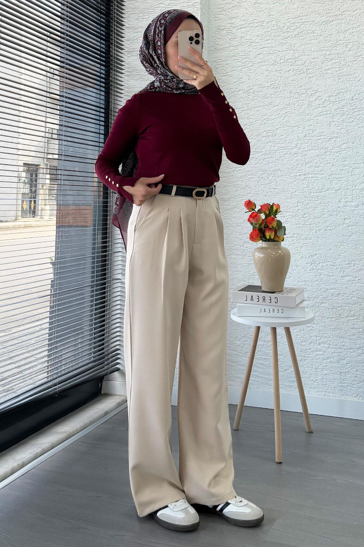 Önü Pile Detaylı Palazzo Kadın Pantolon - Krem