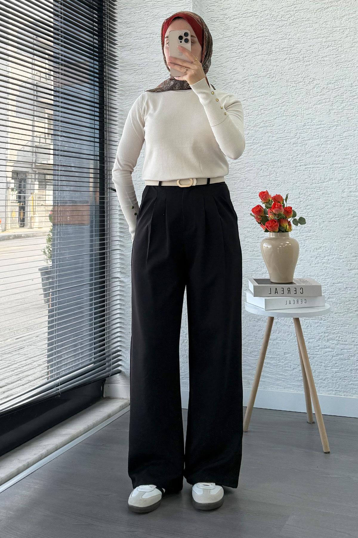 Önü Pile Detaylı Palazzo Kadın Pantolon - Siyah