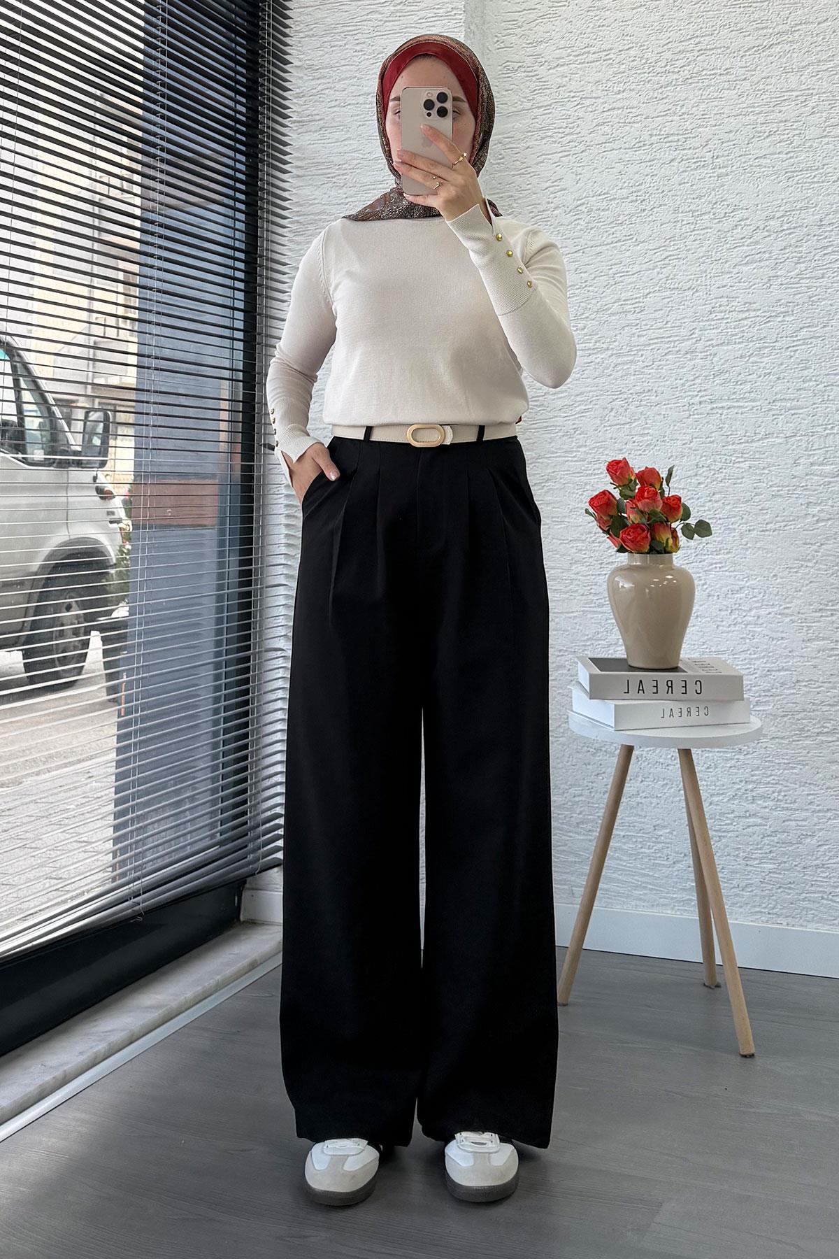 Önü Pile Detaylı Palazzo Kadın Pantolon - Siyah