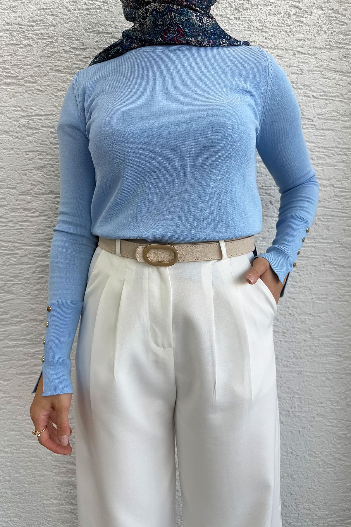 Önü Pile Detaylı Palazzo Kadın Pantolon - Beyaz