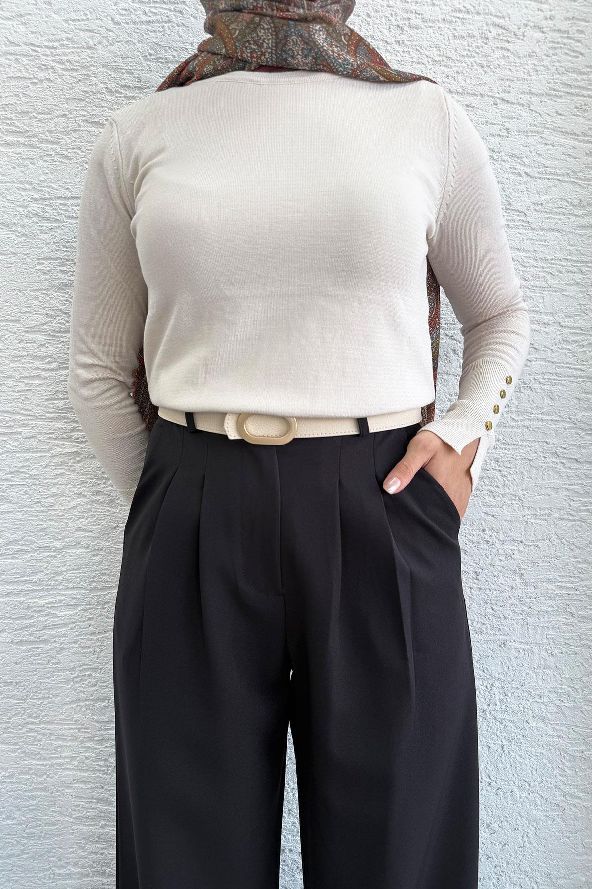 Önü Pile Detaylı Palazzo Kadın Pantolon - Siyah