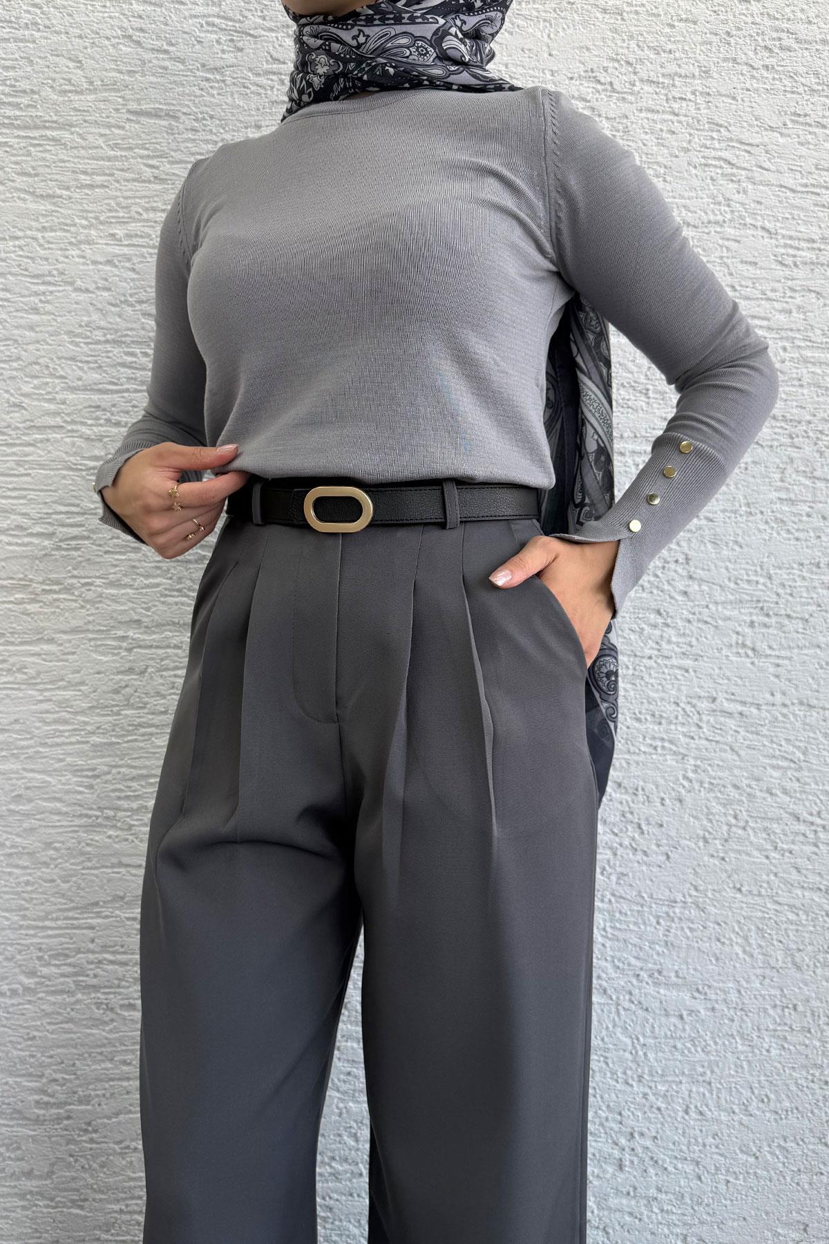 Önü Pile Detaylı Palazzo Kadın Pantolon - Gri