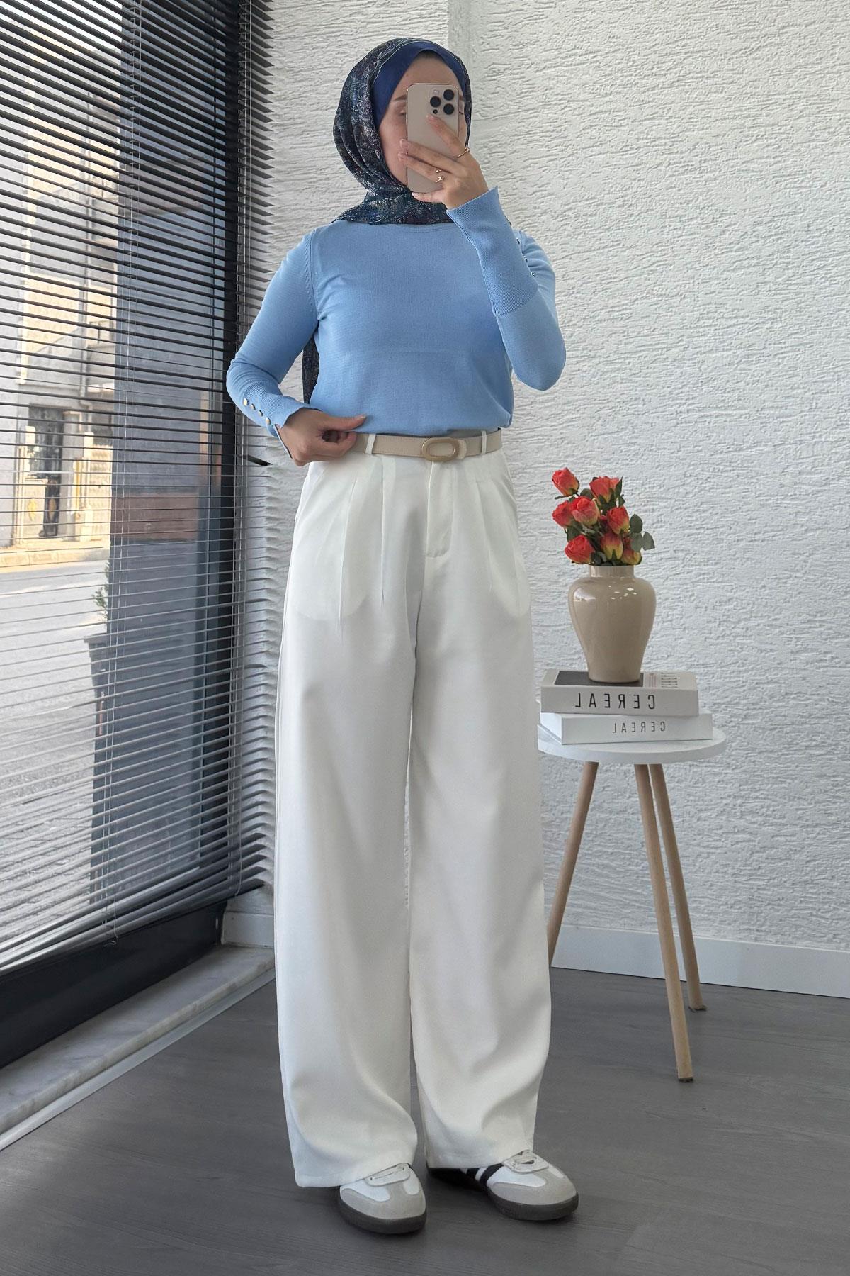 Önü Pile Detaylı Palazzo Kadın Pantolon - Beyaz