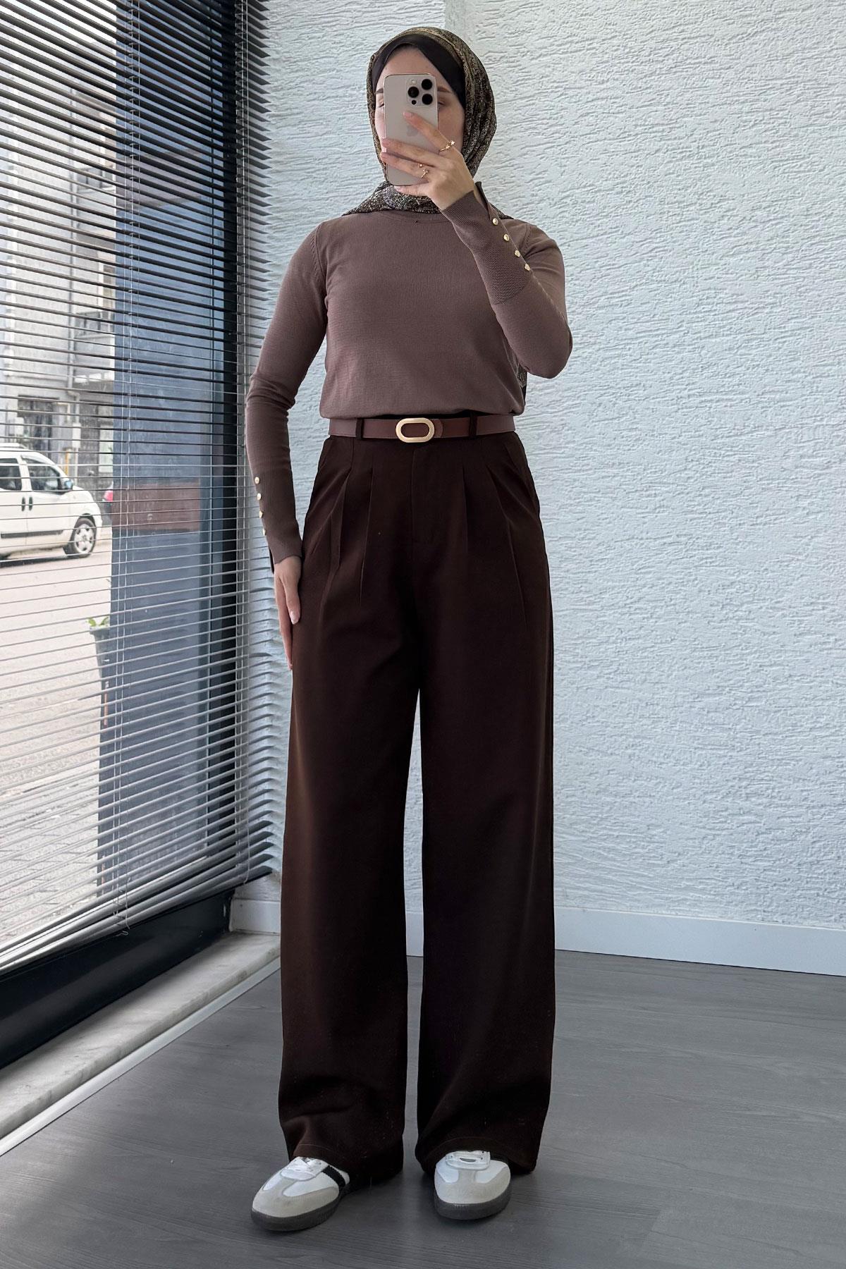 Önü Pile Detaylı Palazzo Kadın Pantolon - Kahverengi