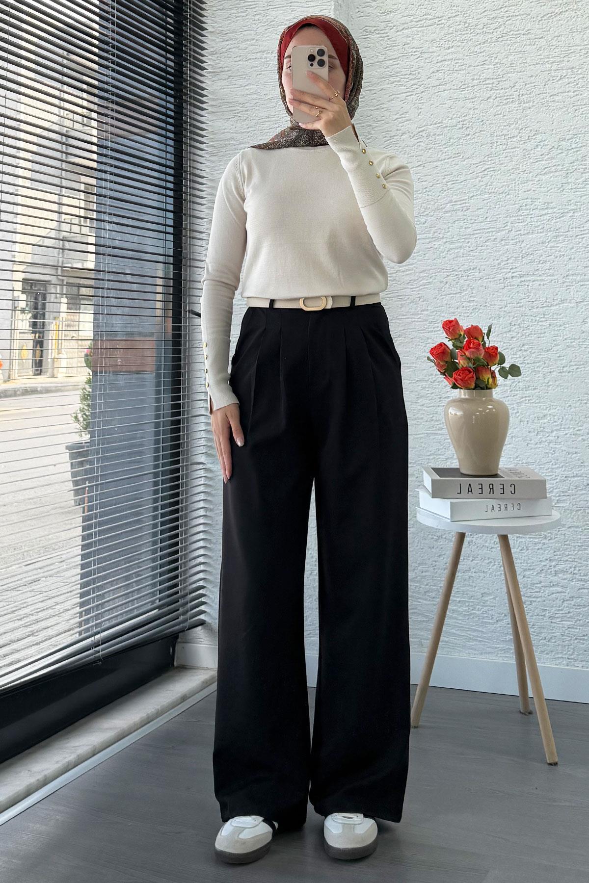 Önü Pile Detaylı Palazzo Kadın Pantolon - Siyah