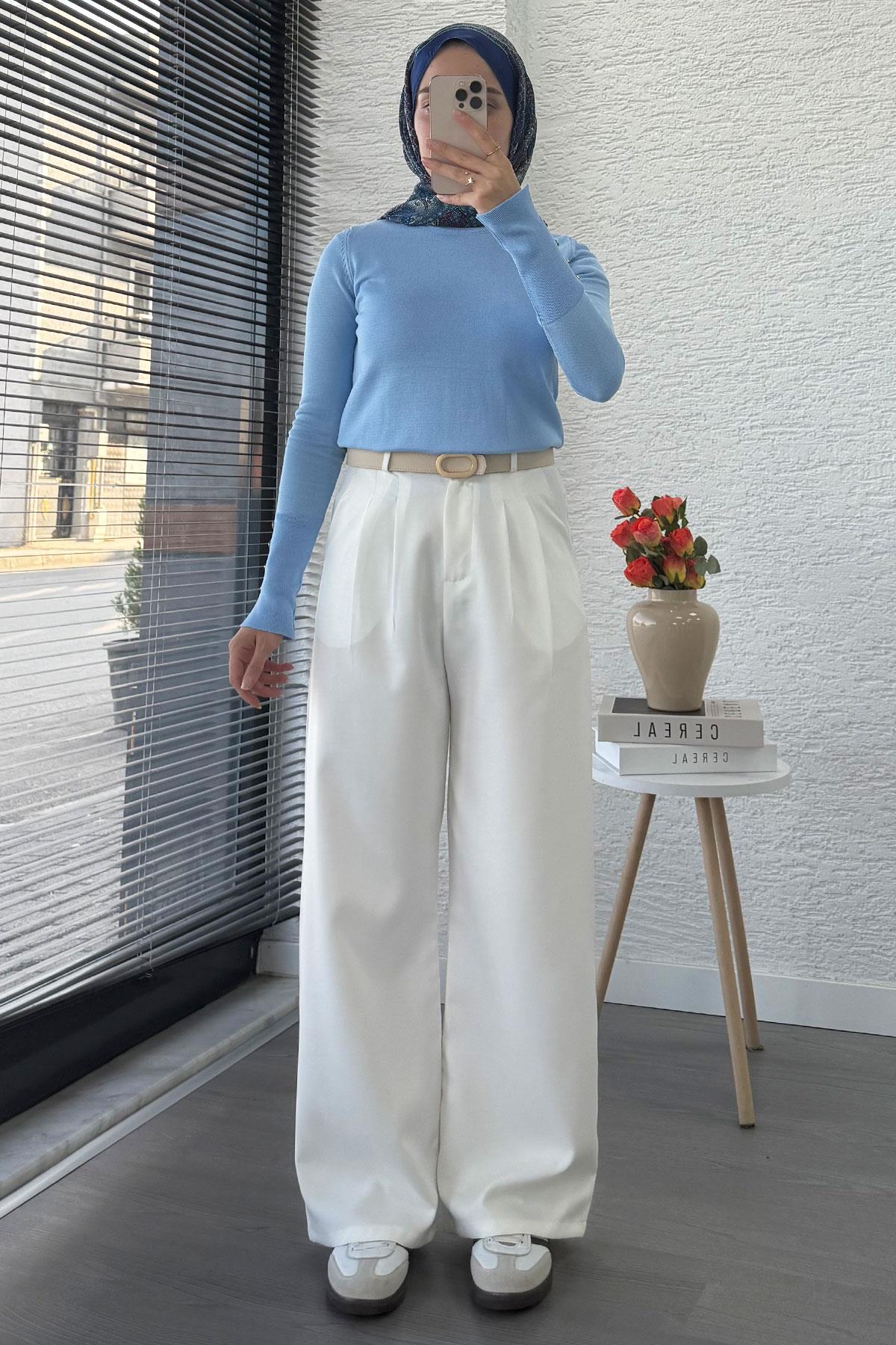 Önü Pile Detaylı Palazzo Kadın Pantolon - Beyaz