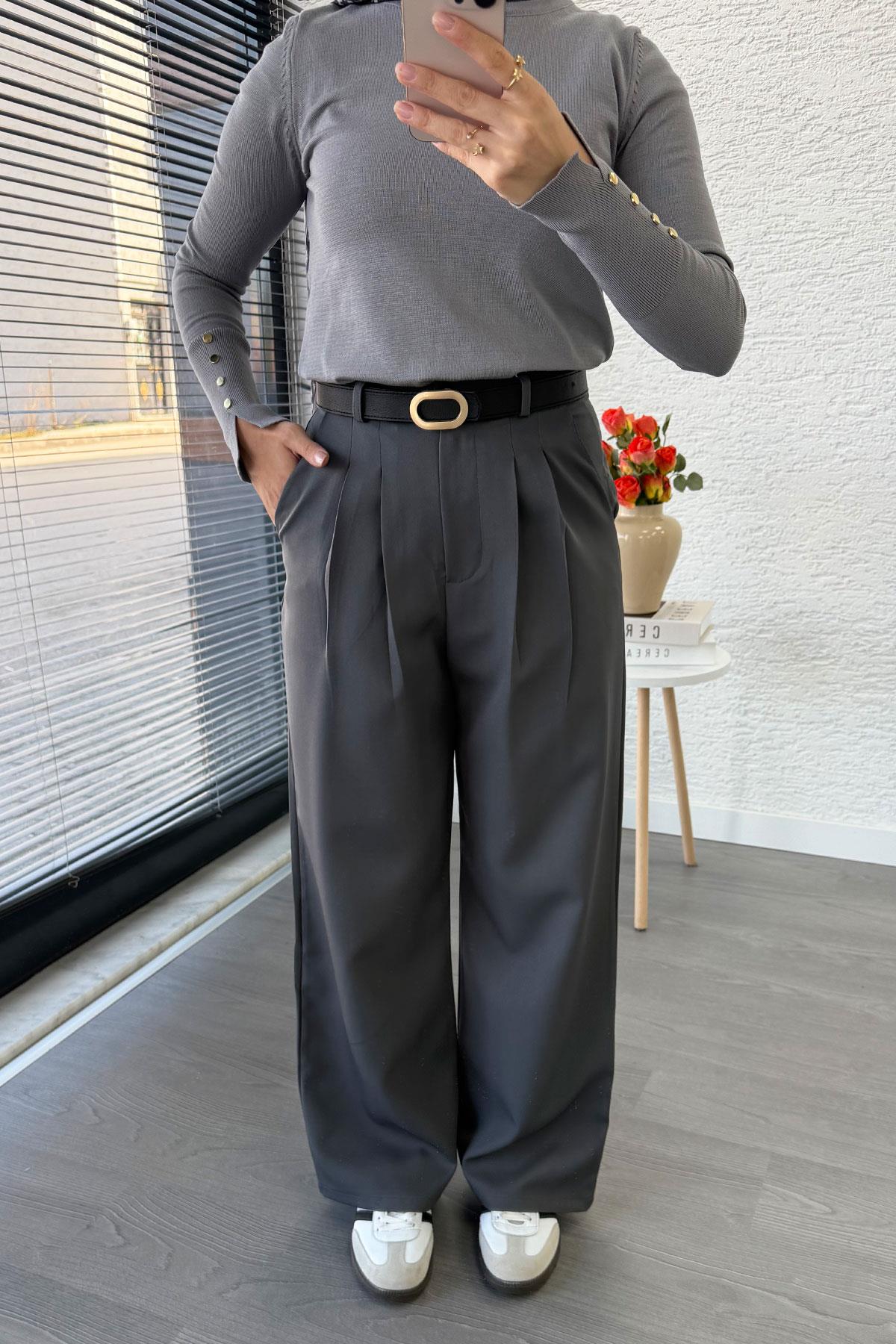 Önü Pile Detaylı Palazzo Kadın Pantolon - Gri