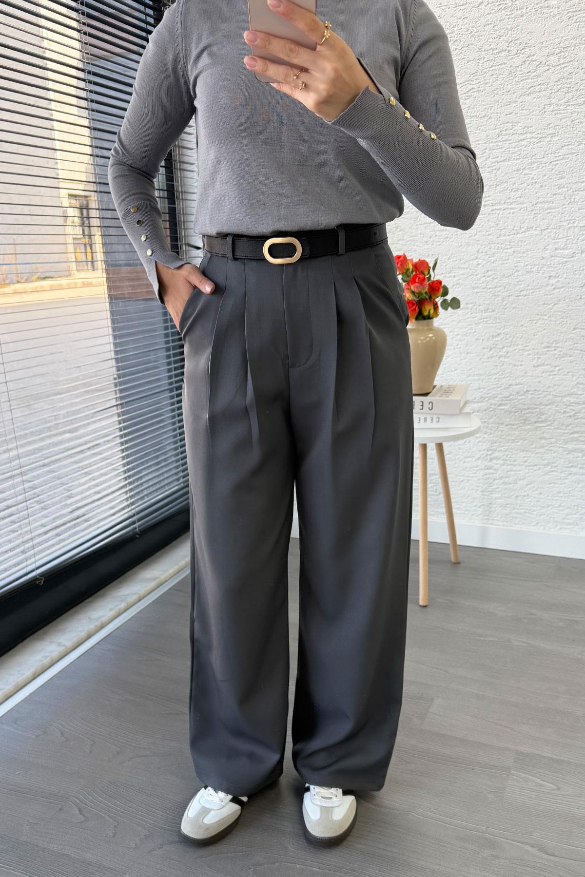 Önü Pile Detaylı Palazzo Kadın Pantolon - Gri