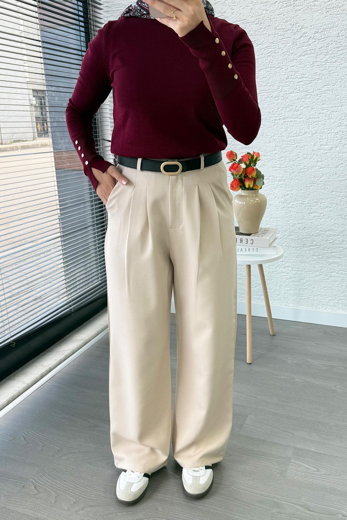 Önü Pile Detaylı Palazzo Kadın Pantolon - Krem