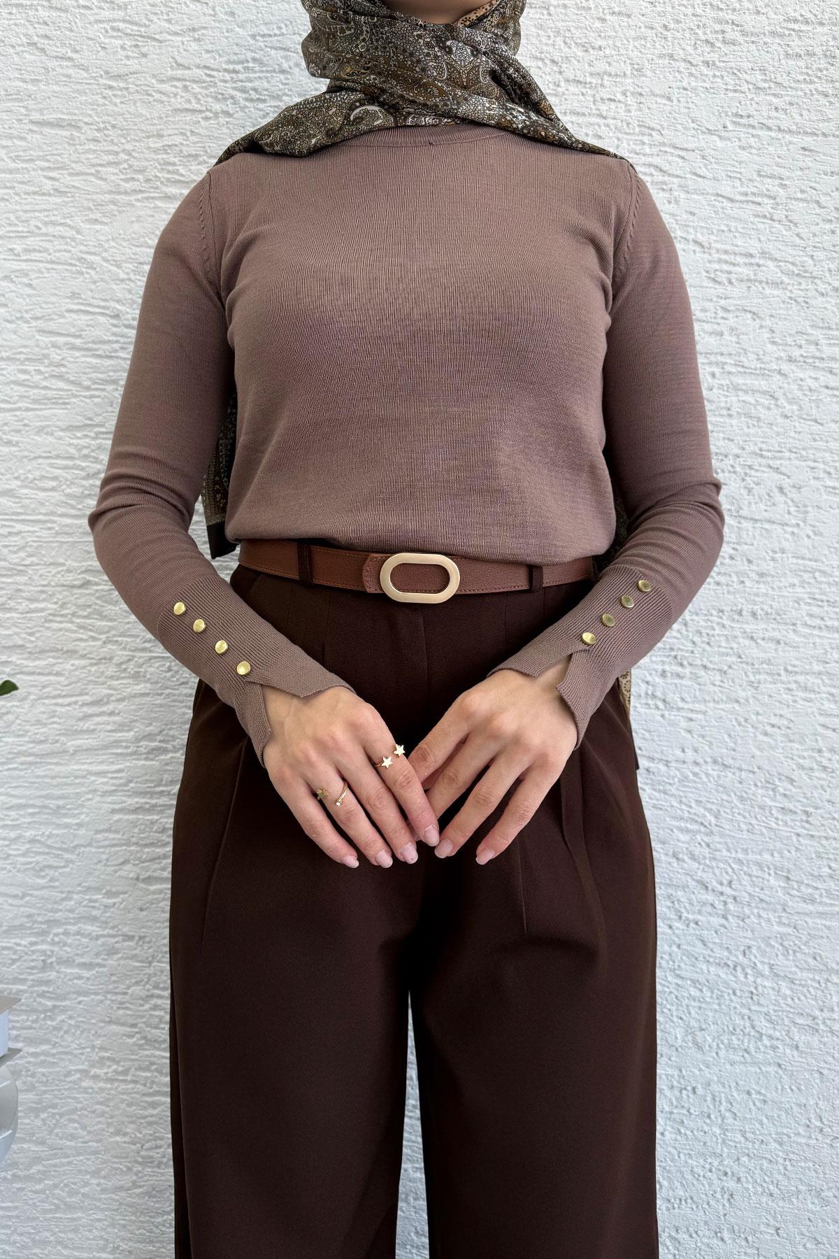 Önü Pile Detaylı Palazzo Kadın Pantolon - Kahverengi