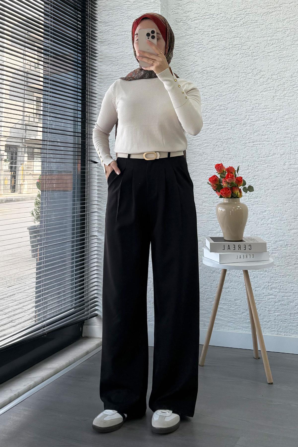 Önü Pile Detaylı Palazzo Kadın Pantolon - Siyah