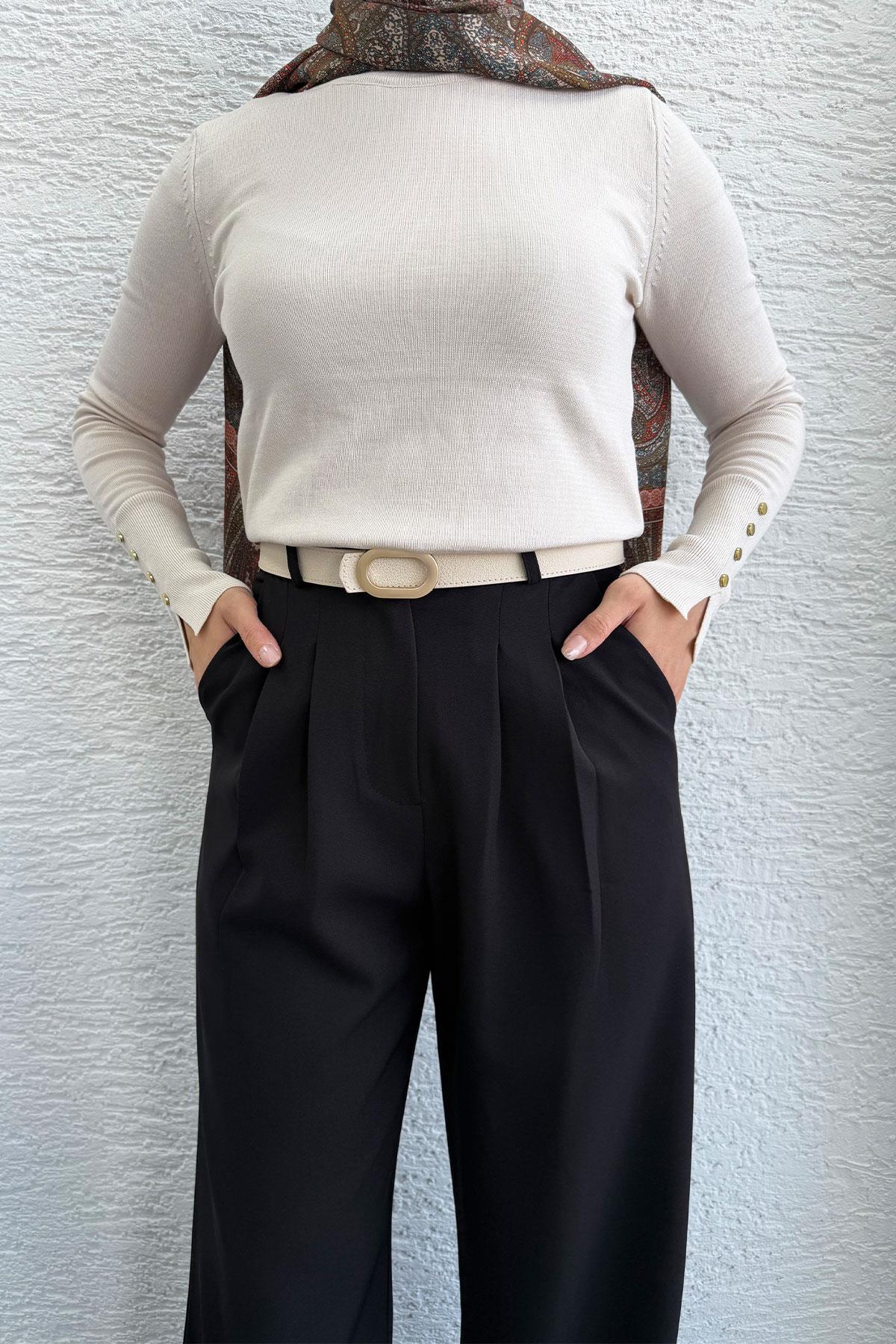 Önü Pile Detaylı Palazzo Kadın Pantolon - Siyah