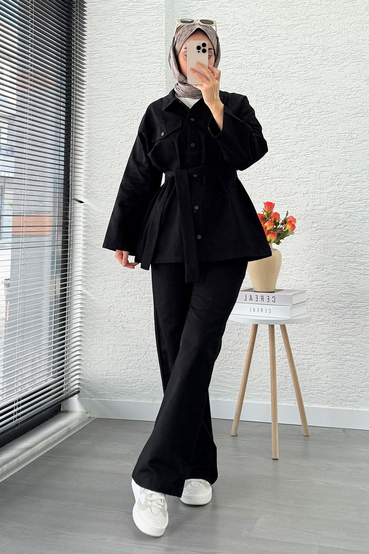 Önü Tam Düğmeli Gabardin İkili Takım – Siyah