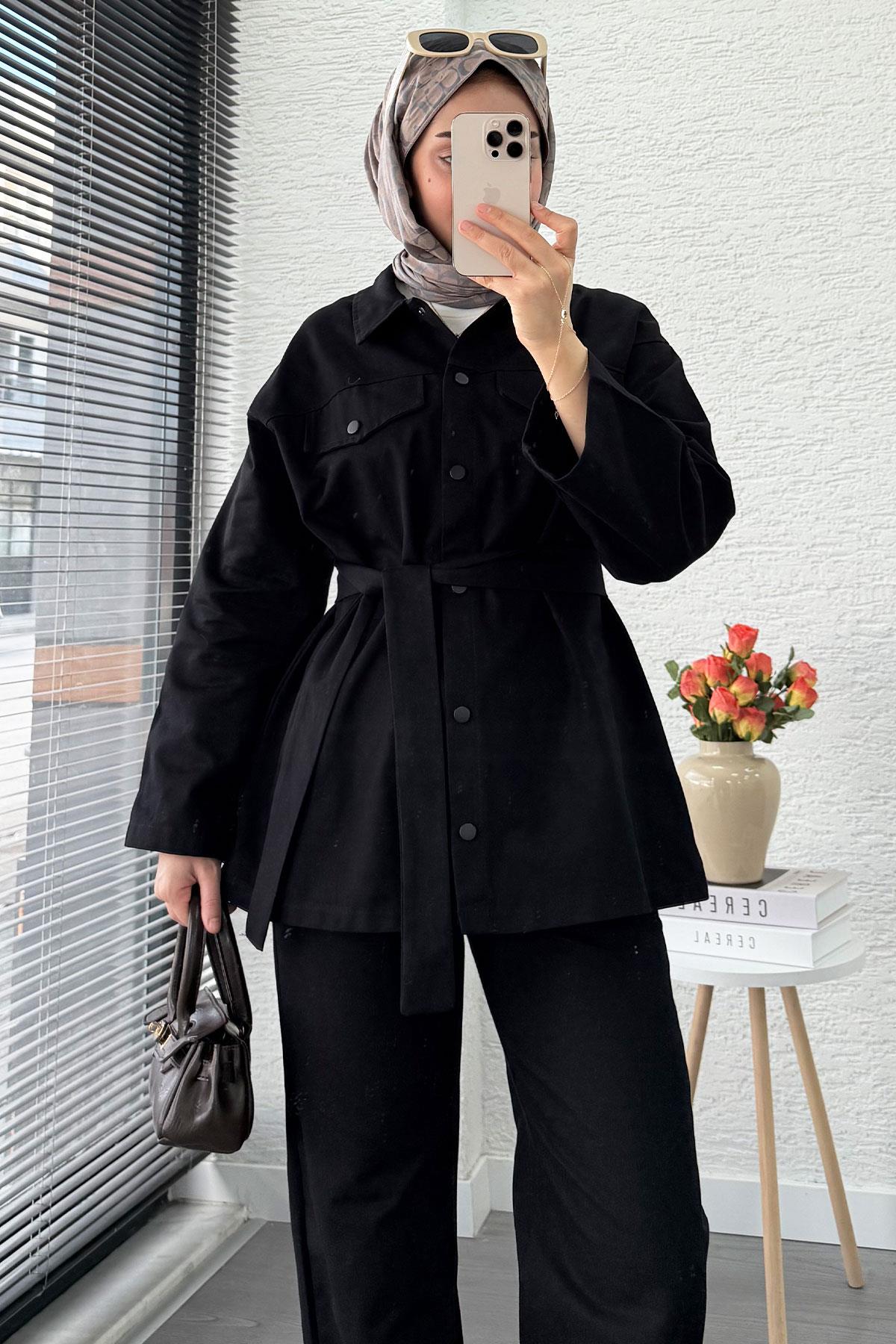 Önü Tam Düğmeli Gabardin İkili Takım – Siyah