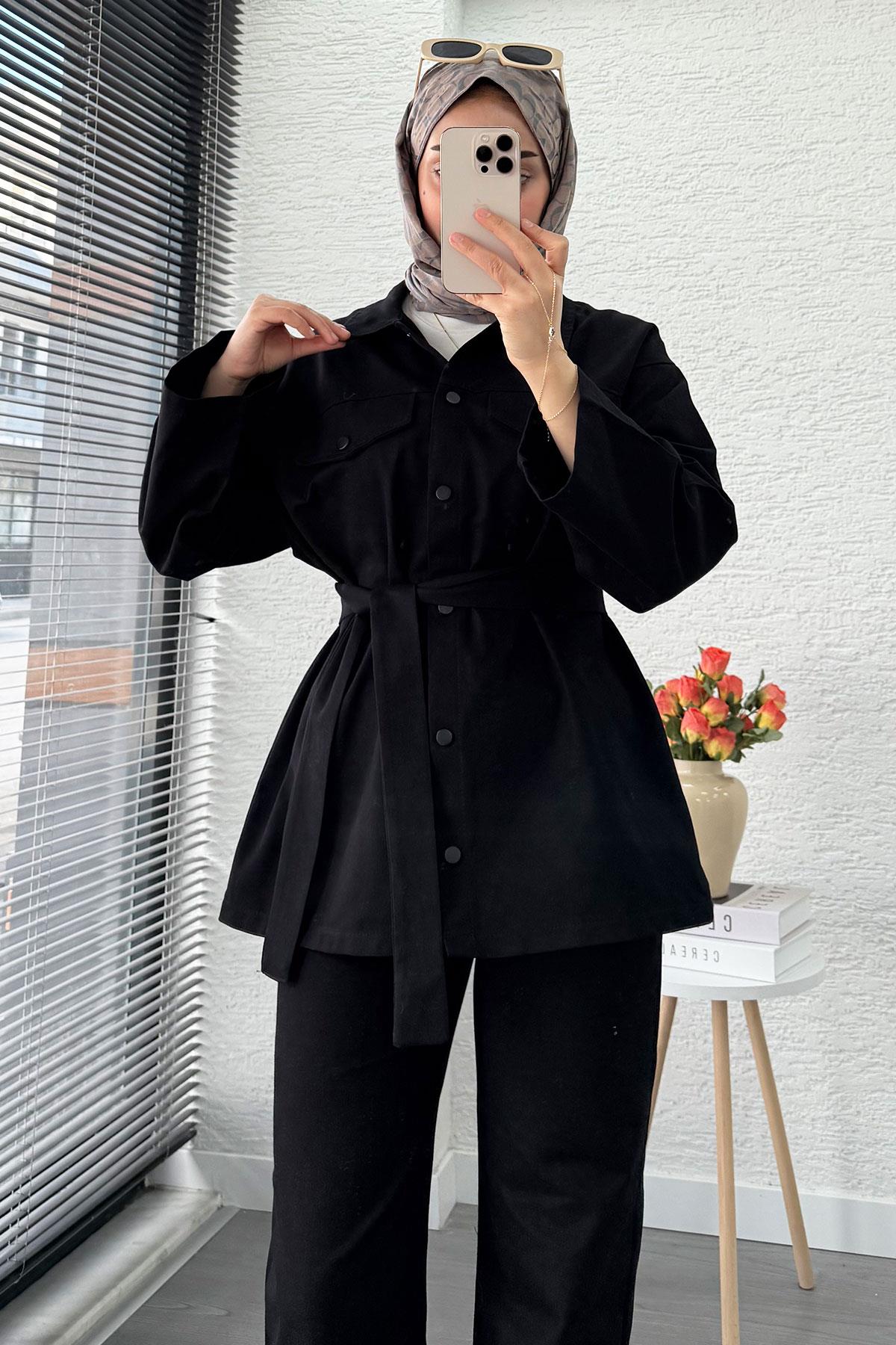 Önü Tam Düğmeli Gabardin İkili Takım – Siyah