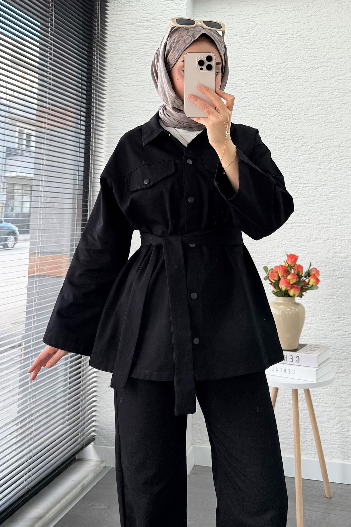 Önü Tam Düğmeli Gabardin İkili Takım – Siyah