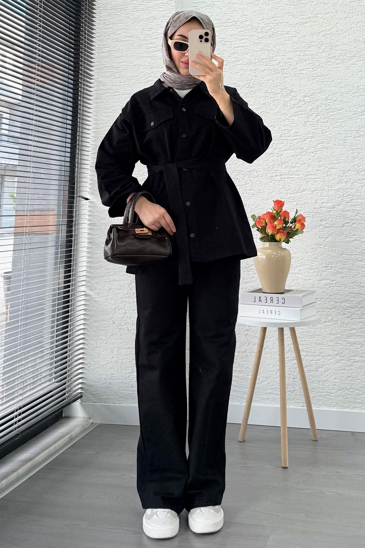 Önü Tam Düğmeli Gabardin İkili Takım – Siyah