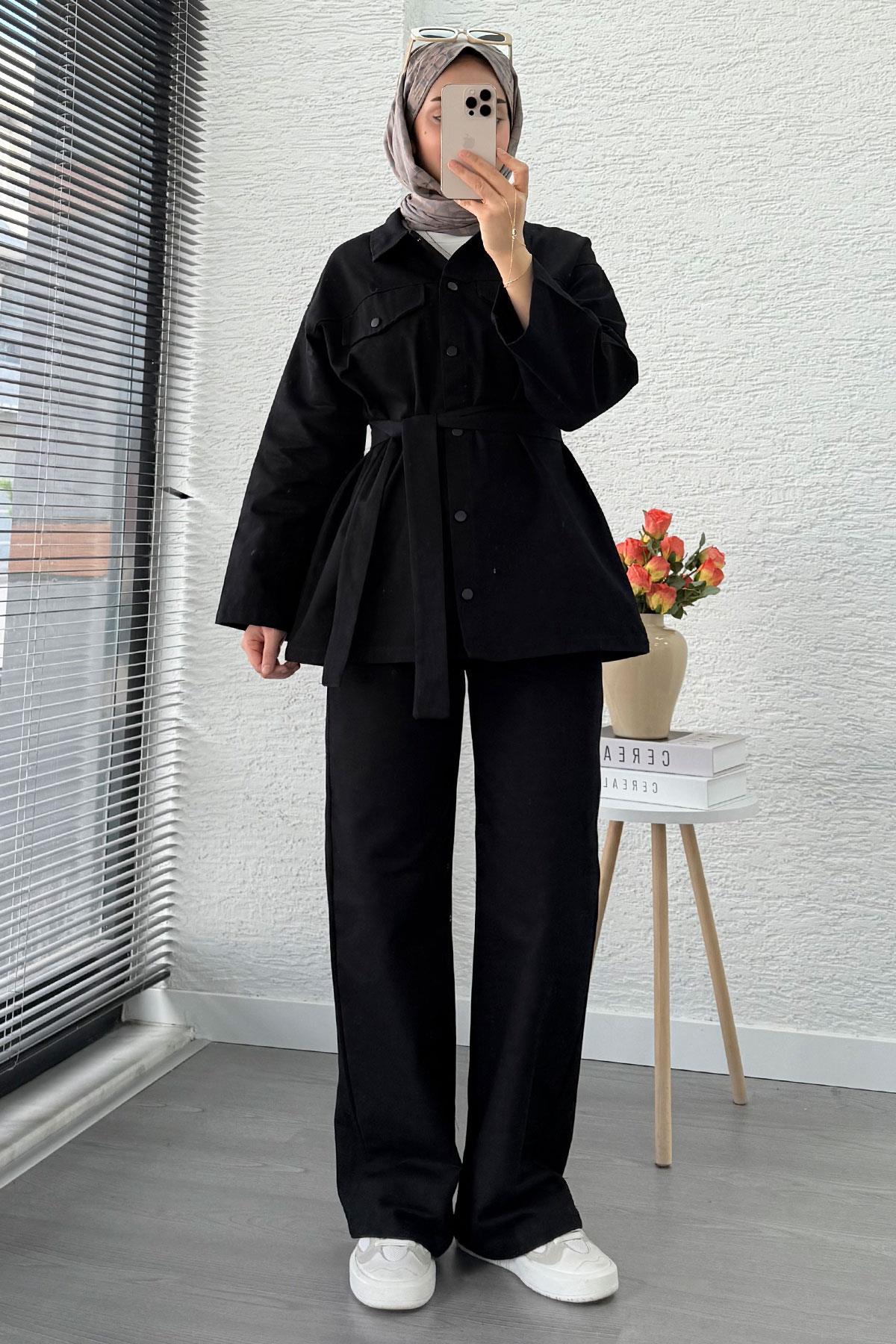 Önü Tam Düğmeli Gabardin İkili Takım – Siyah