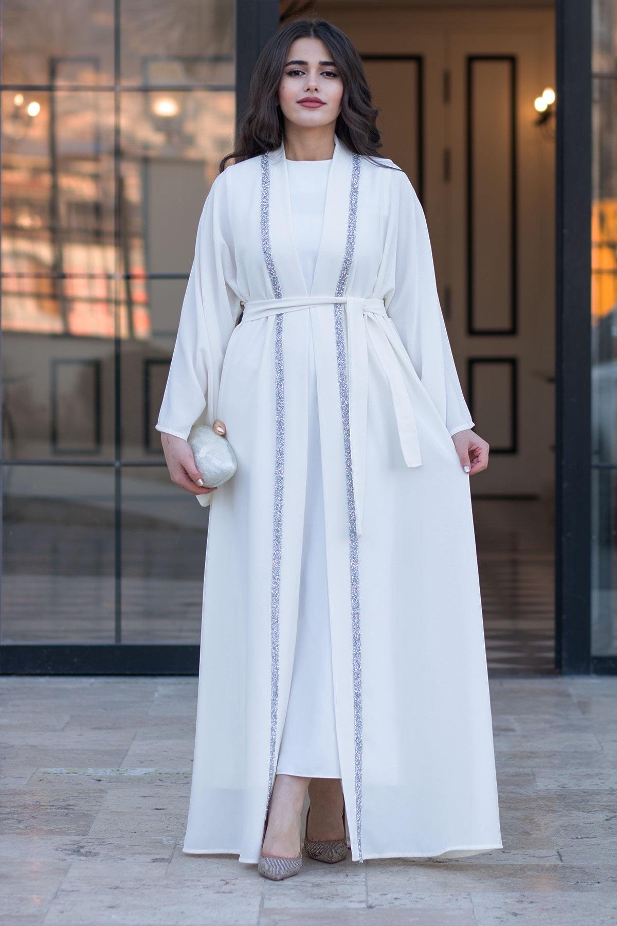 Önü Taş Şeritli Abaya-Beyaz