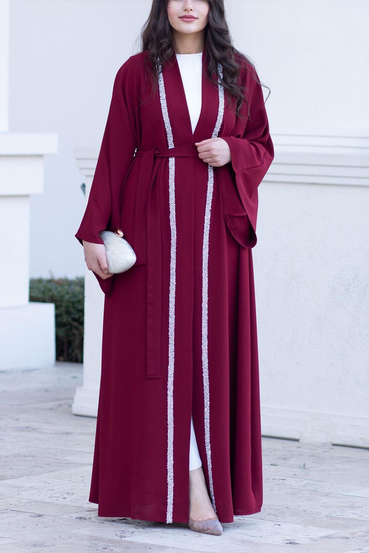 Önü Taş Şeritli Abaya-Bordo