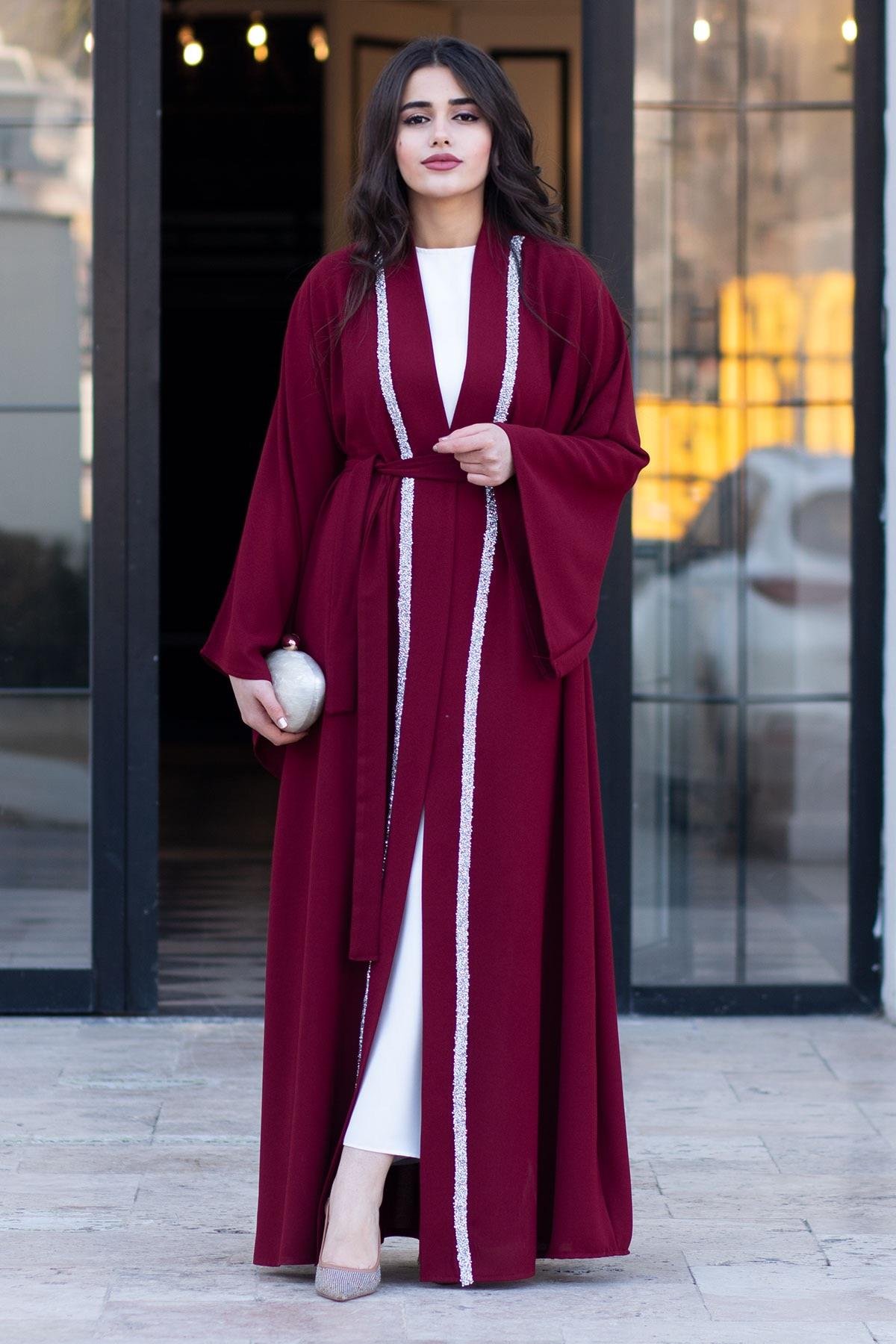 Önü Taş Şeritli Abaya-Bordo