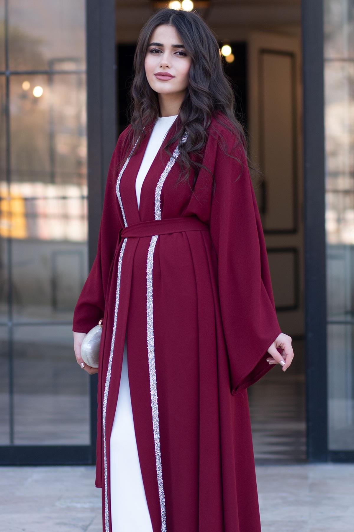 Önü Taş Şeritli Abaya-Bordo
